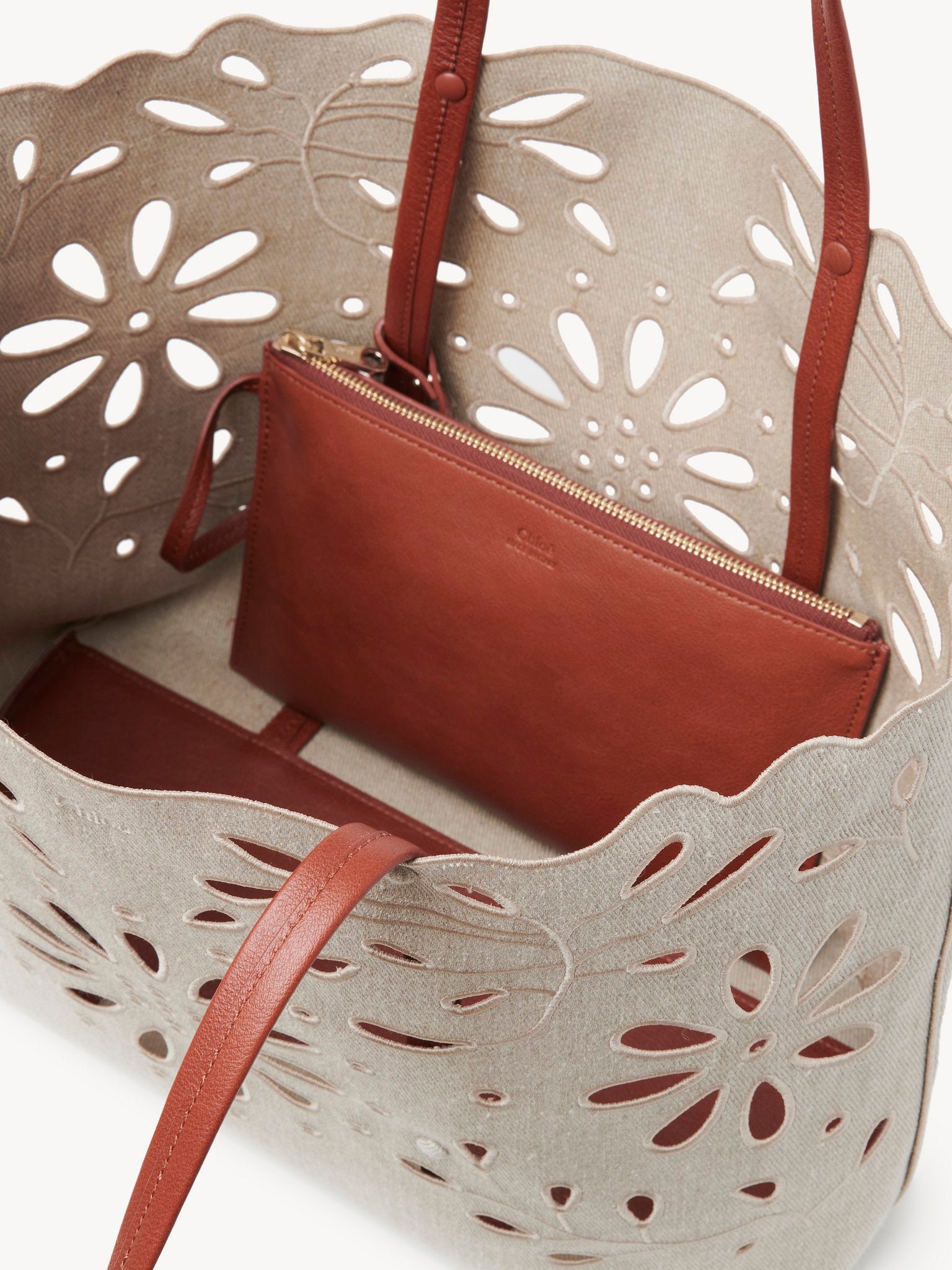 Sac cabas est-ouest Kamilla en cuir et lin - Sepia Brown