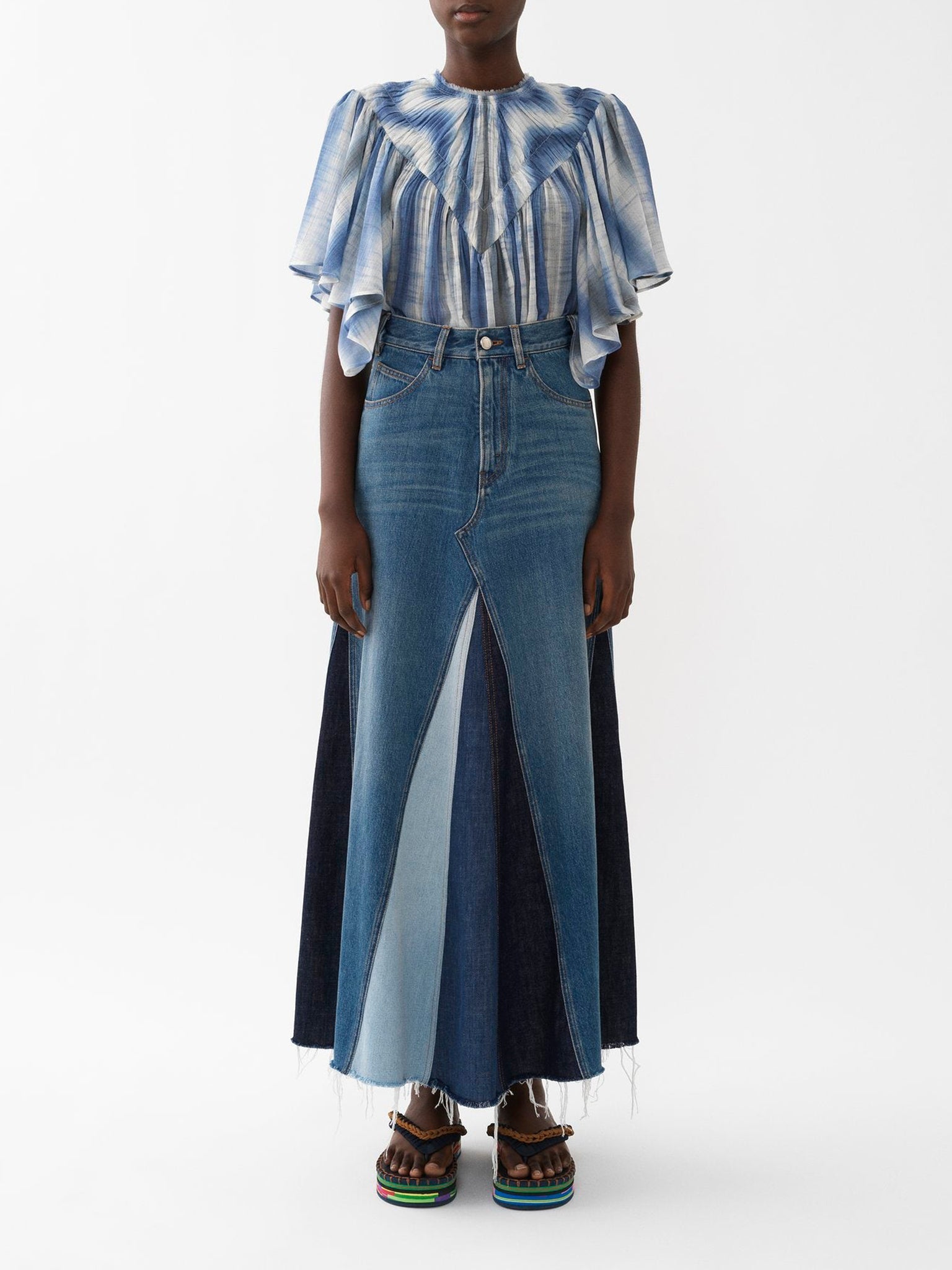 Top froncé à volants en laine - Blue & Beige