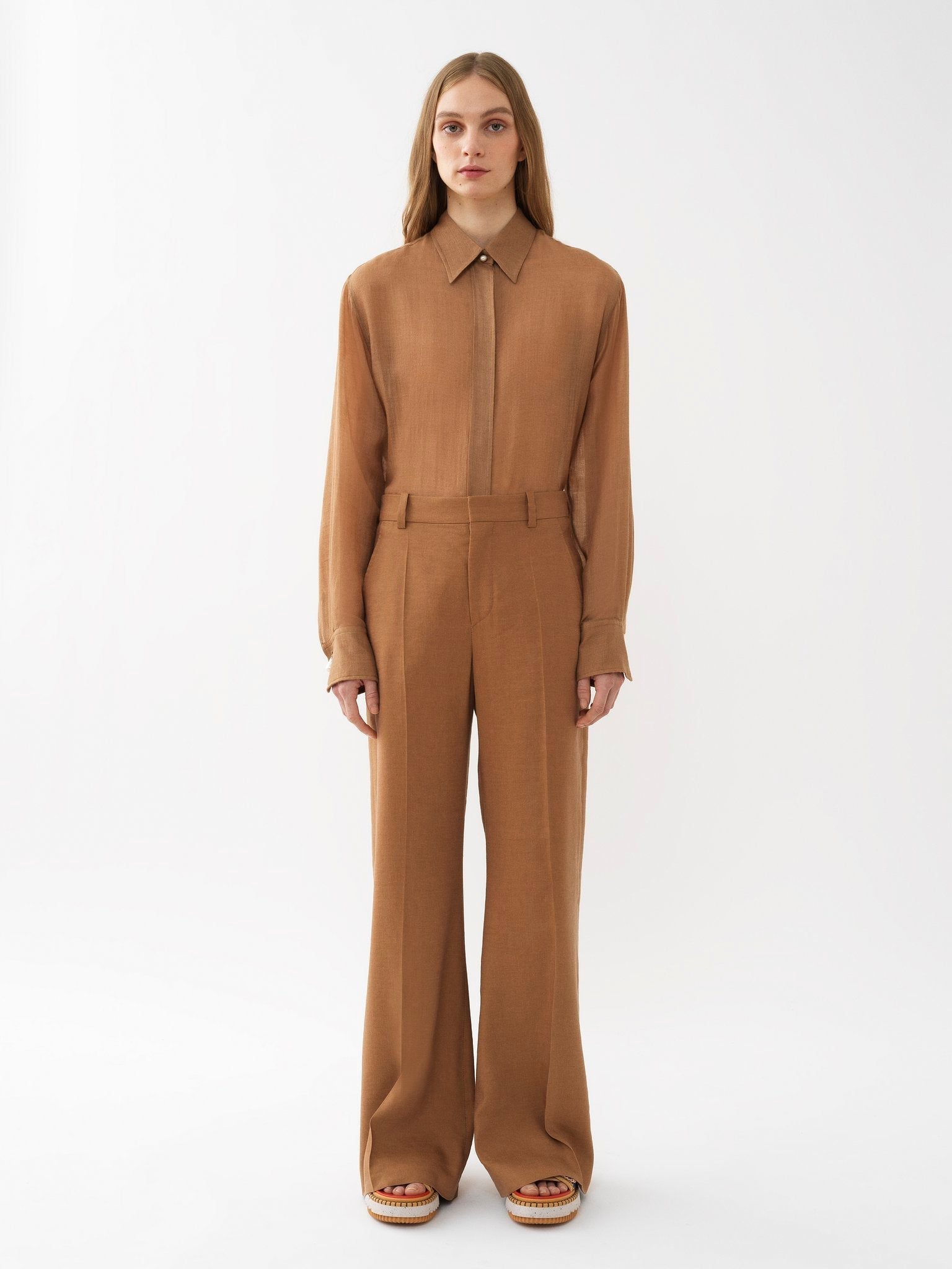 Pantalon large en lin plis marqués - Mustard Brown