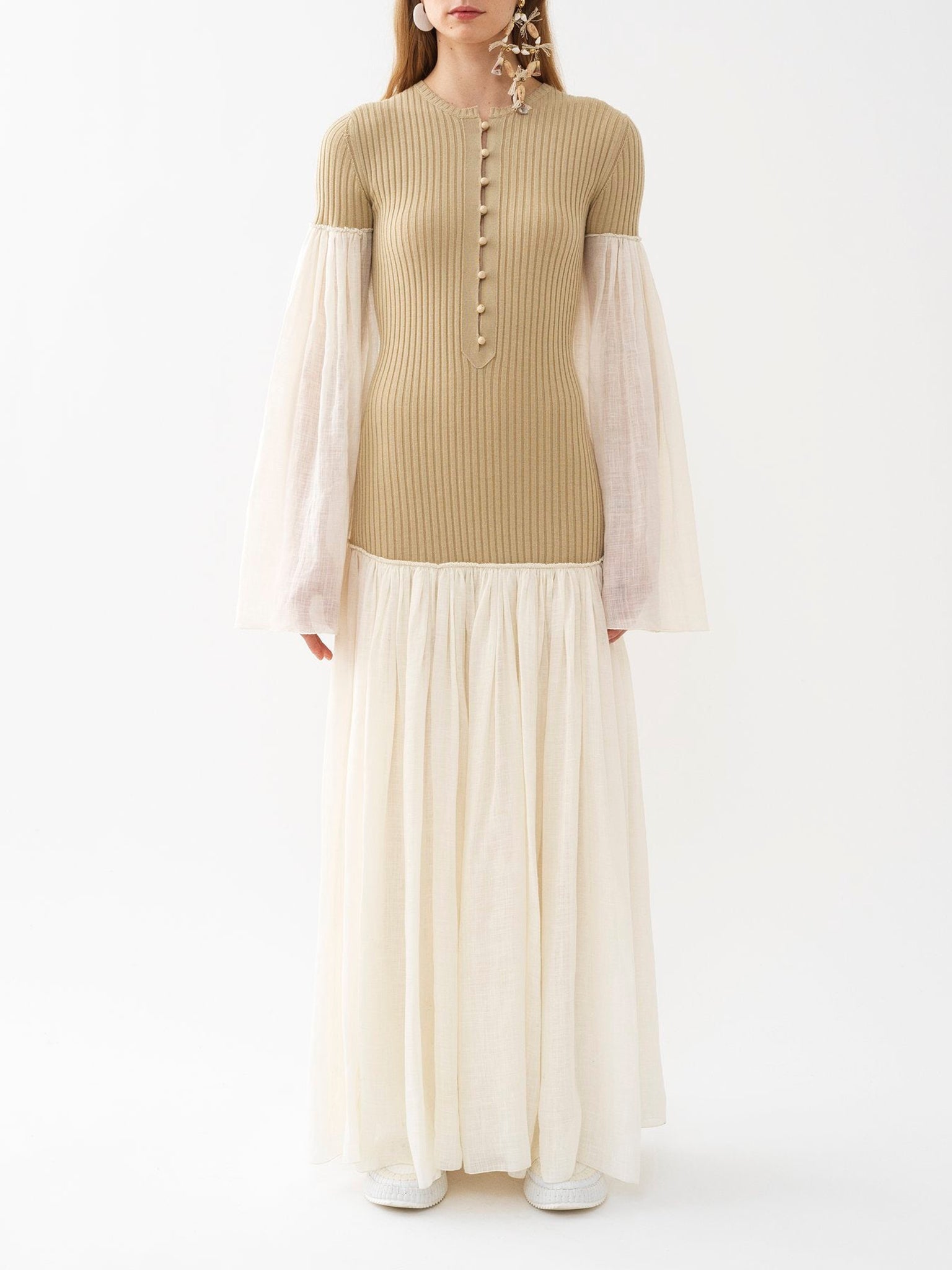 Robe longue froncée en lin et laine - Iconic Milk