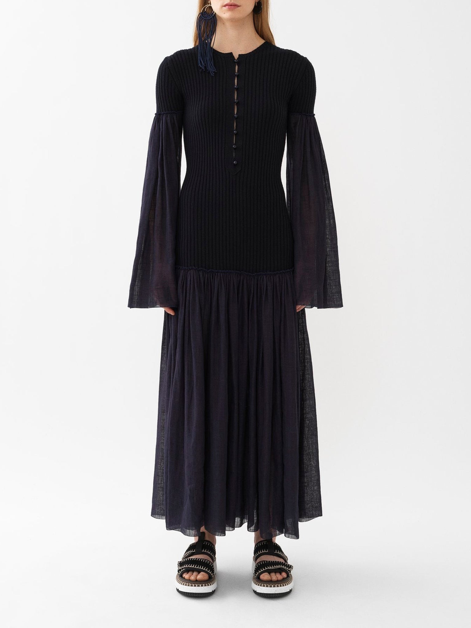 Robe longue froncée en lin et laine - Ink Navy