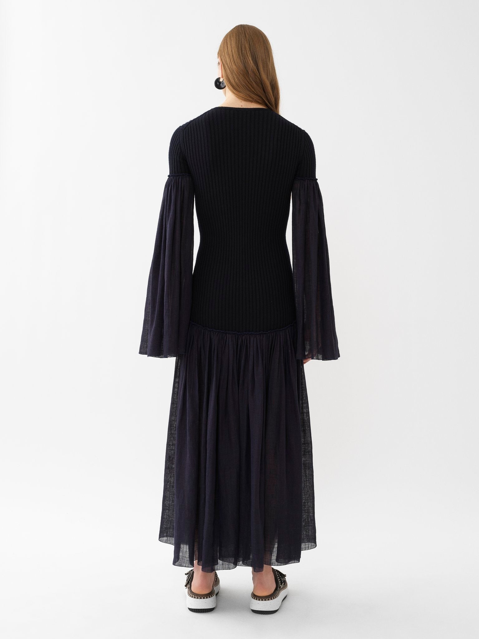 Robe longue froncée en lin et laine - Ink Navy