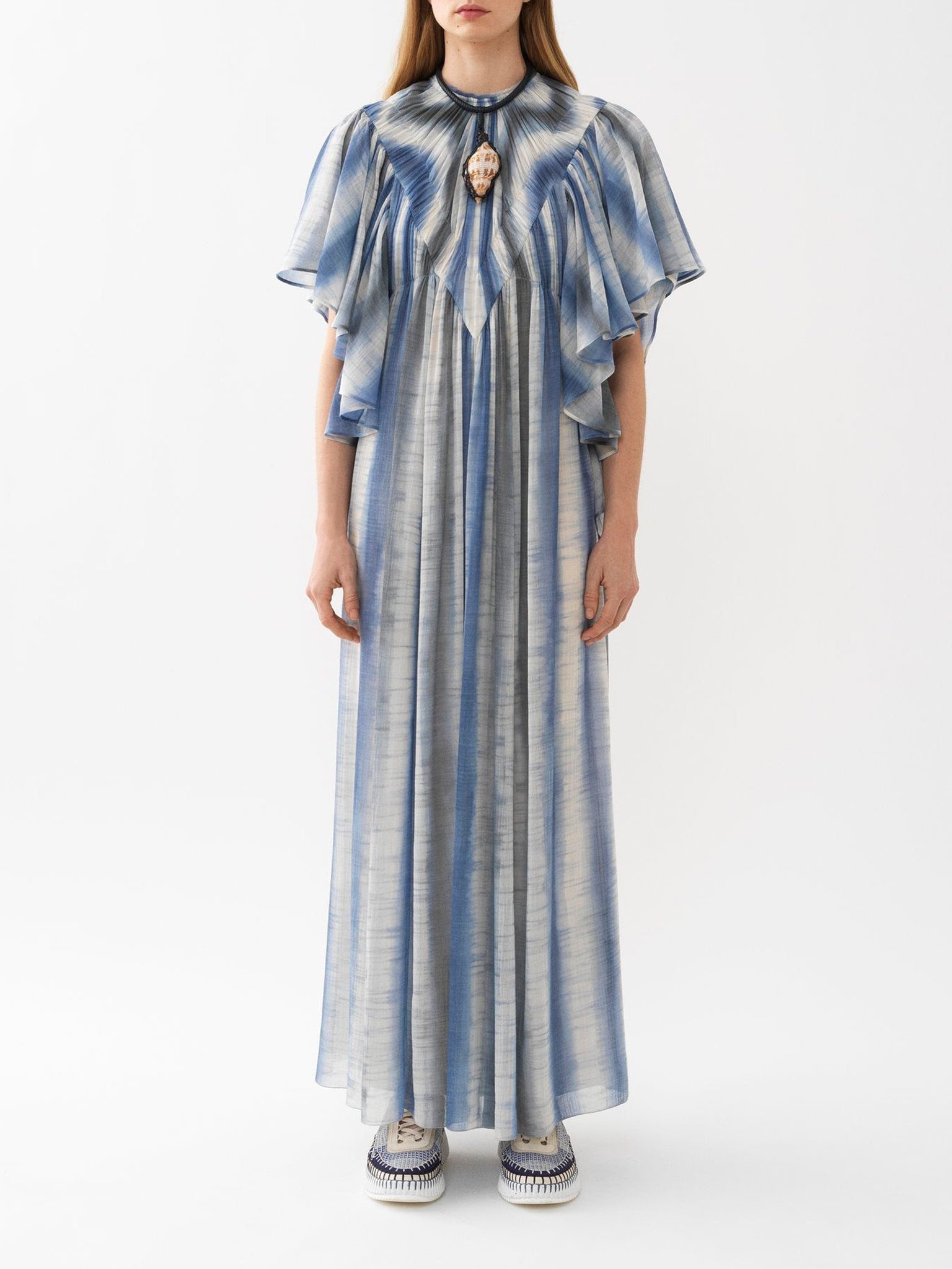 Robe longue froncée en laine - Blue & Beige