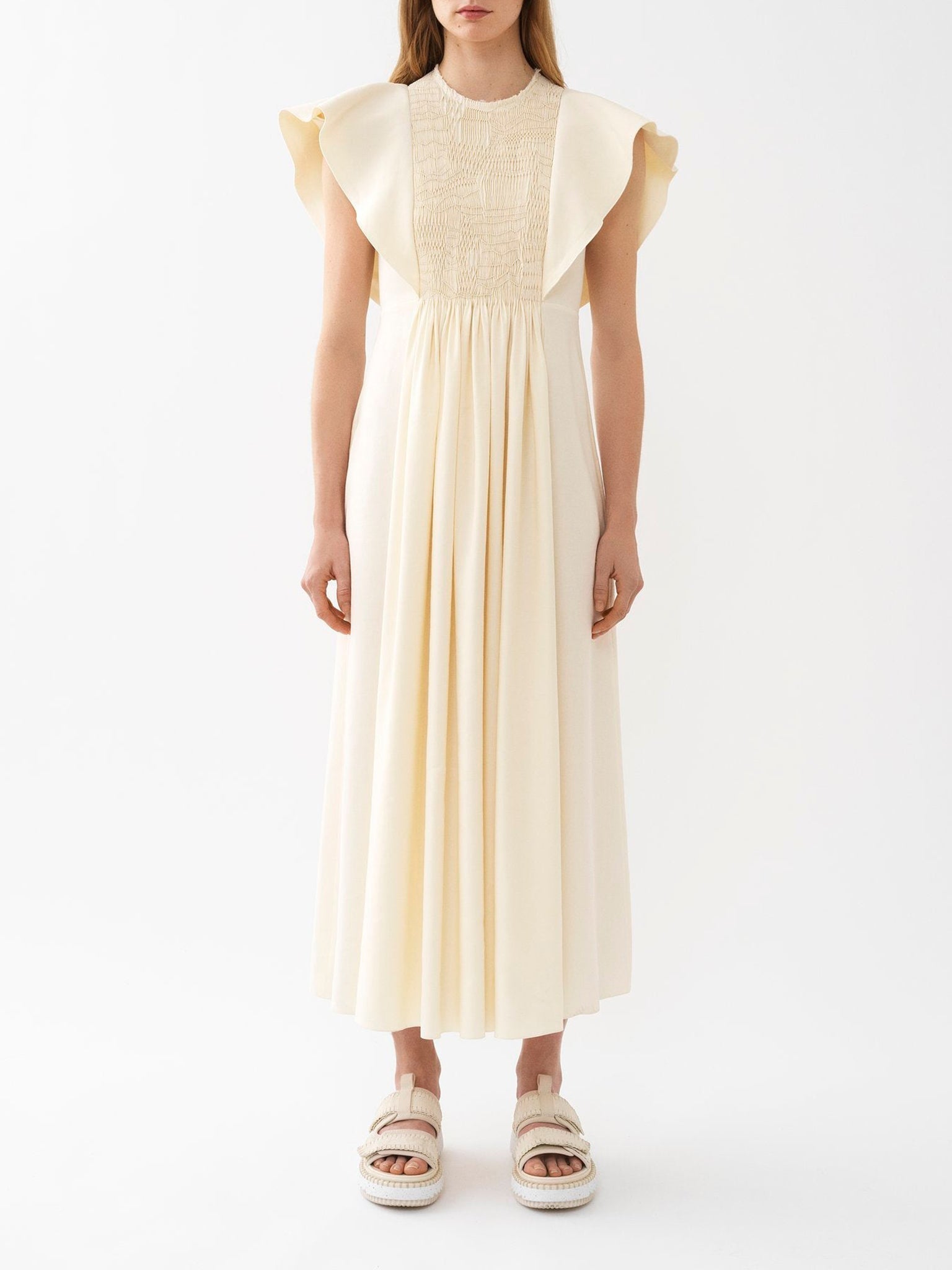 Robe midi smockée en lin - Seedpearl Beige