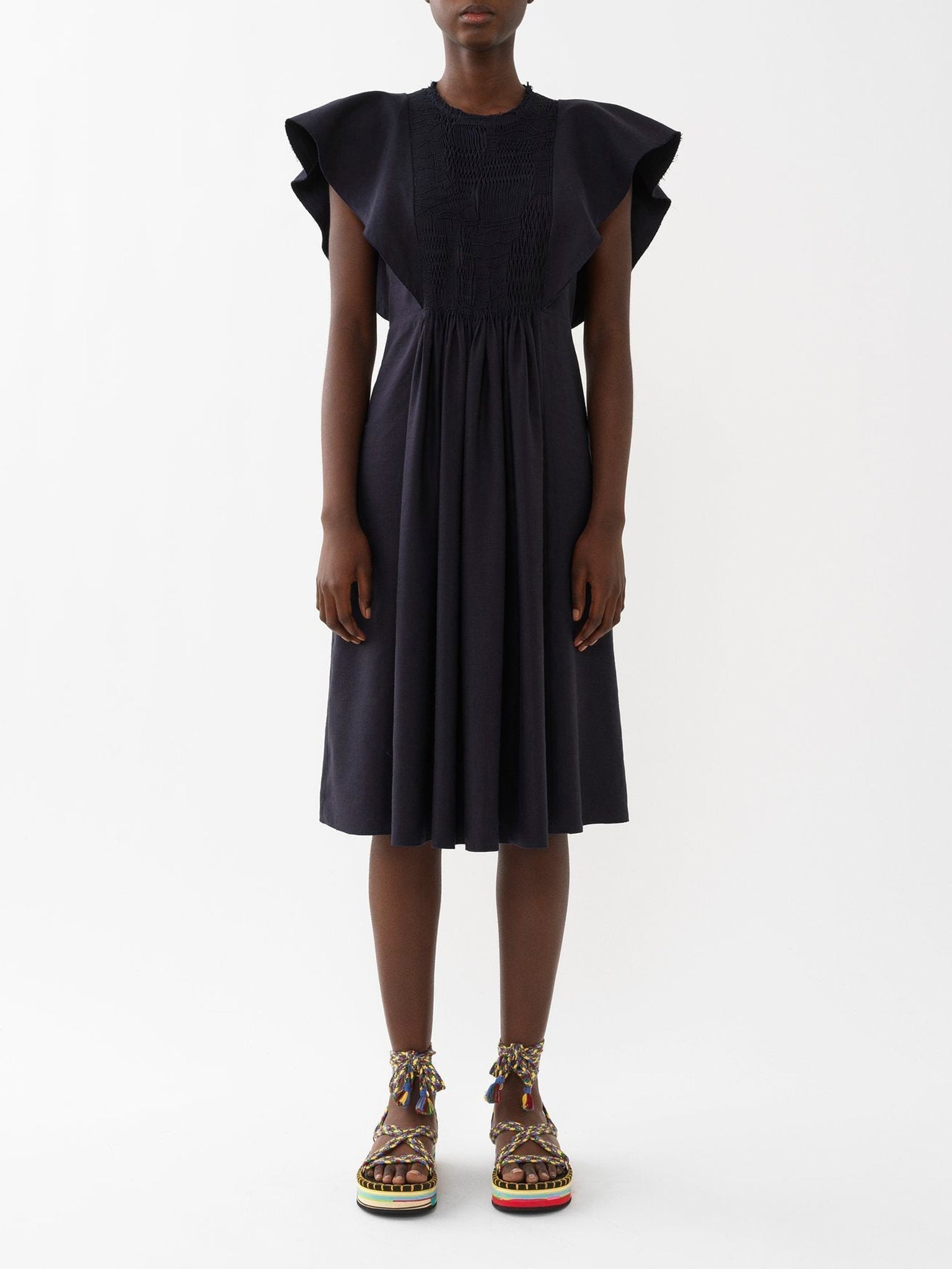 Robe courte smockée en lin - Ink Navy