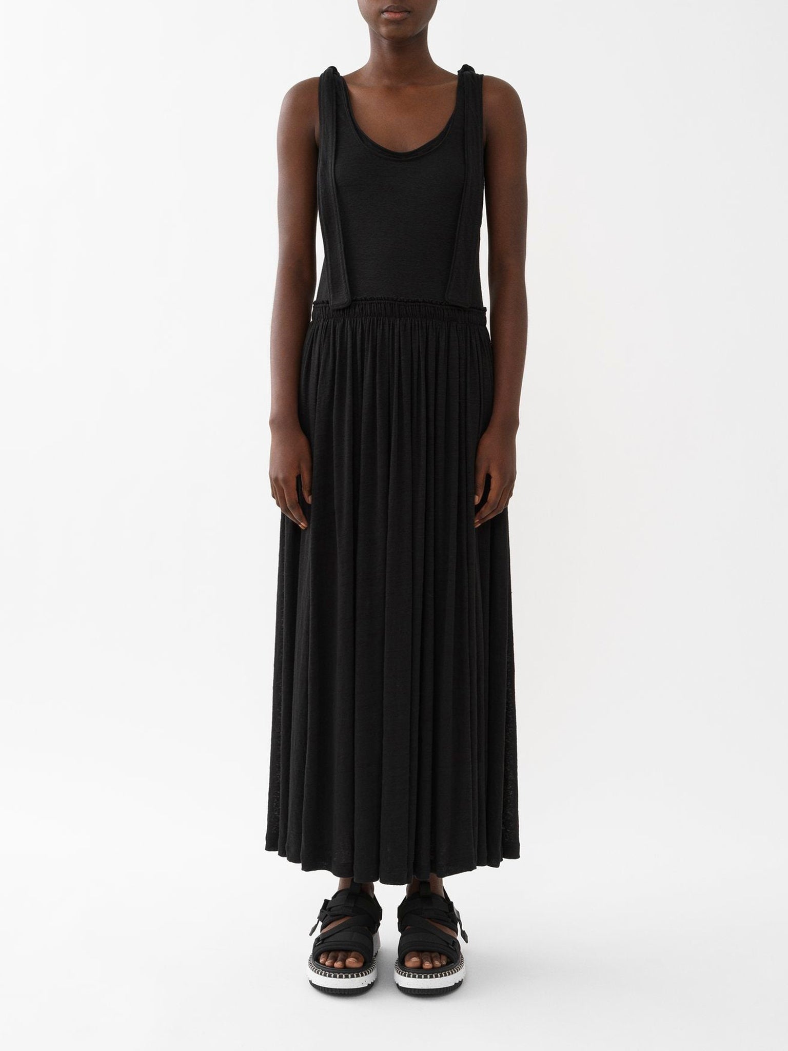 Robe froncée maxi à manches en lin - Black