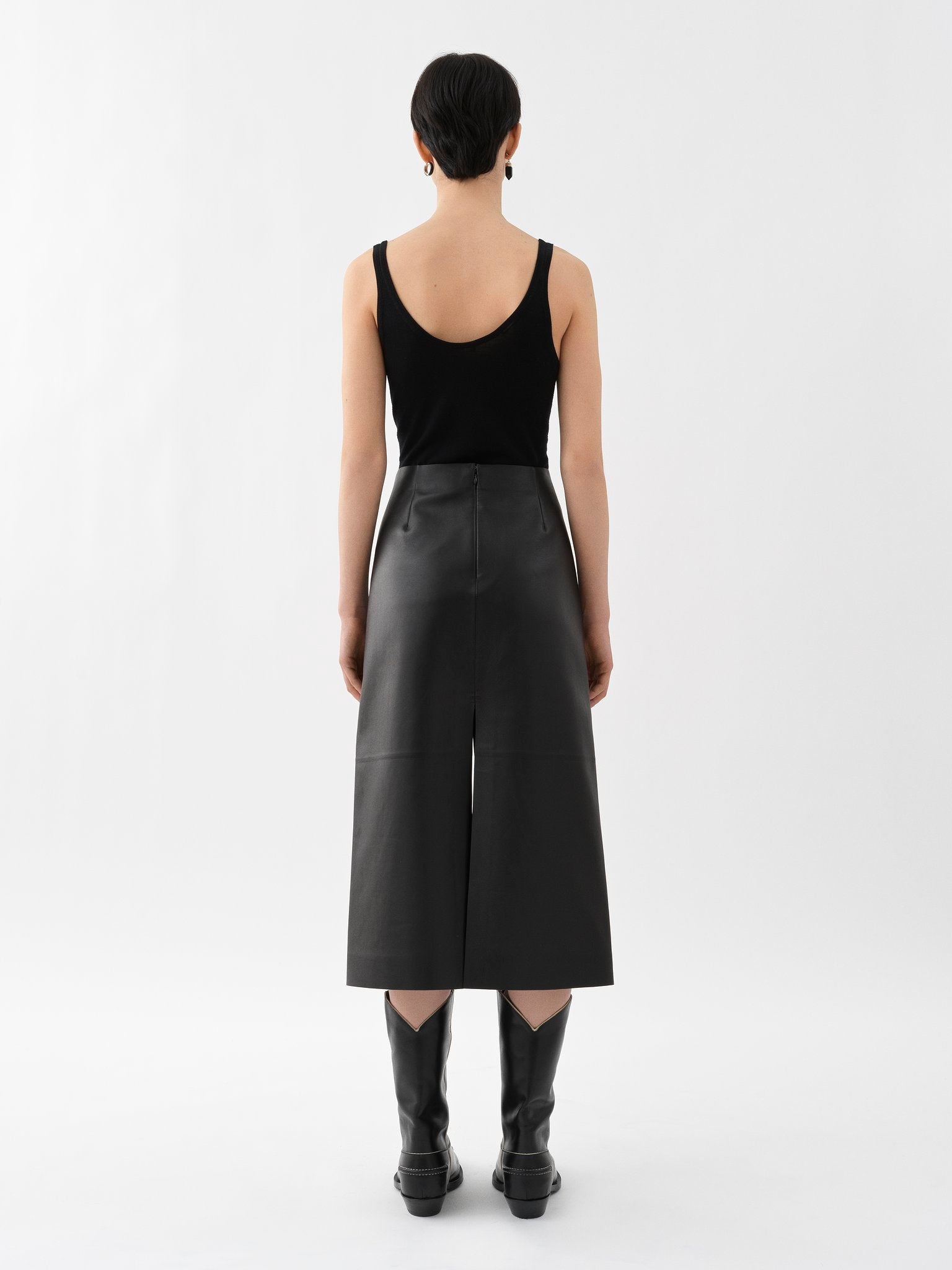 Jupe midi trapèze à fentes en cuir - Black
