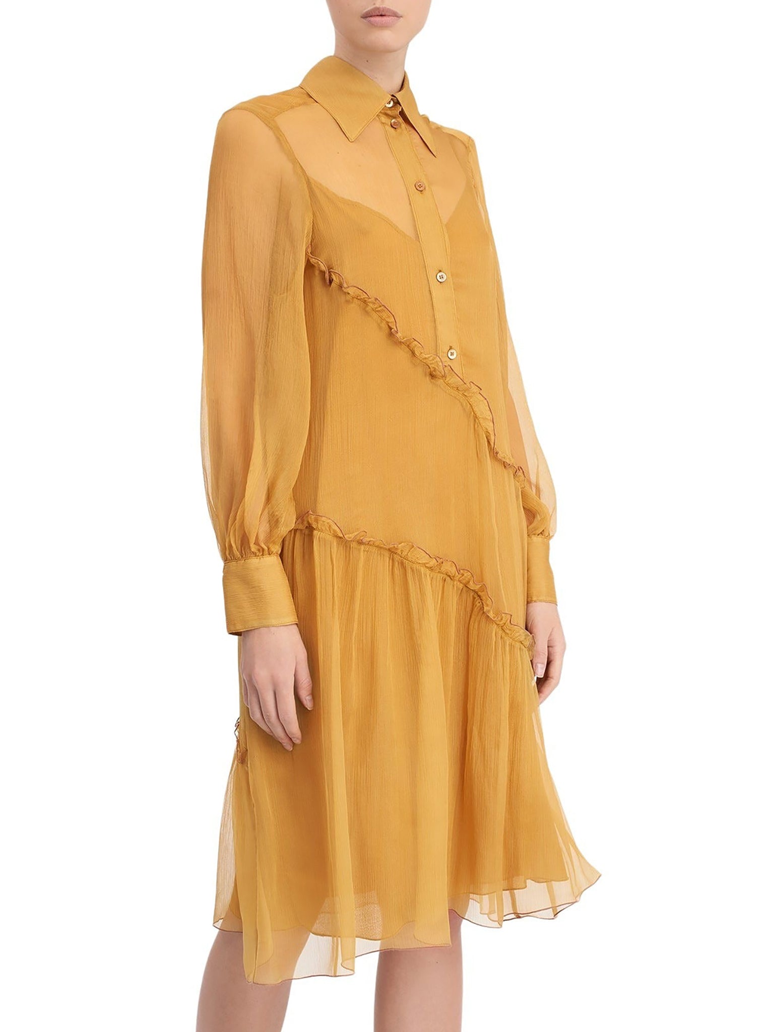 Robe en crépon de soie à volants - Marron Baroque
