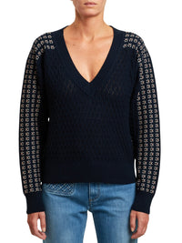 Pull col V en maille - Blue & White