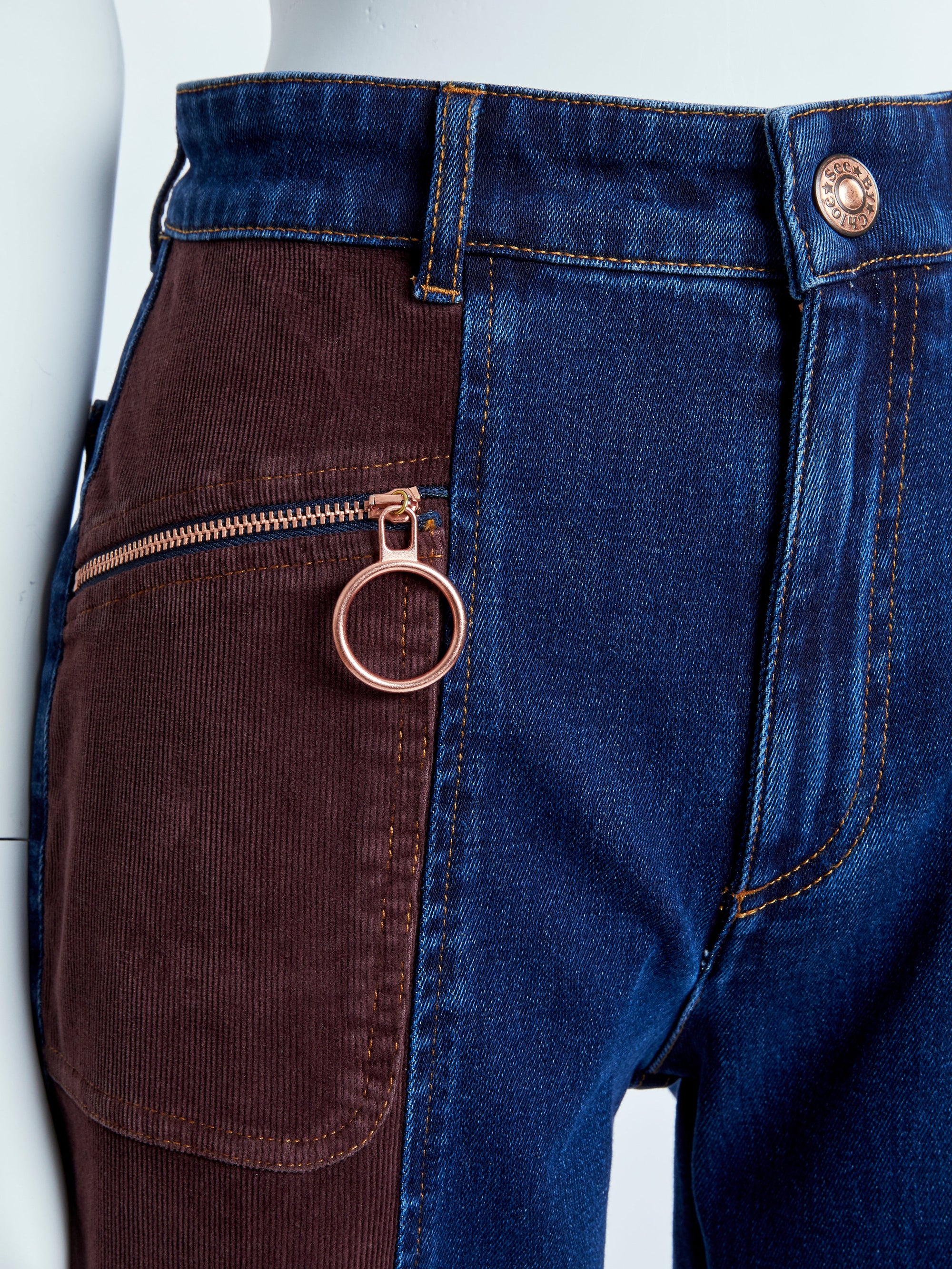Pantalon bi-matière flare - Blue & Brown