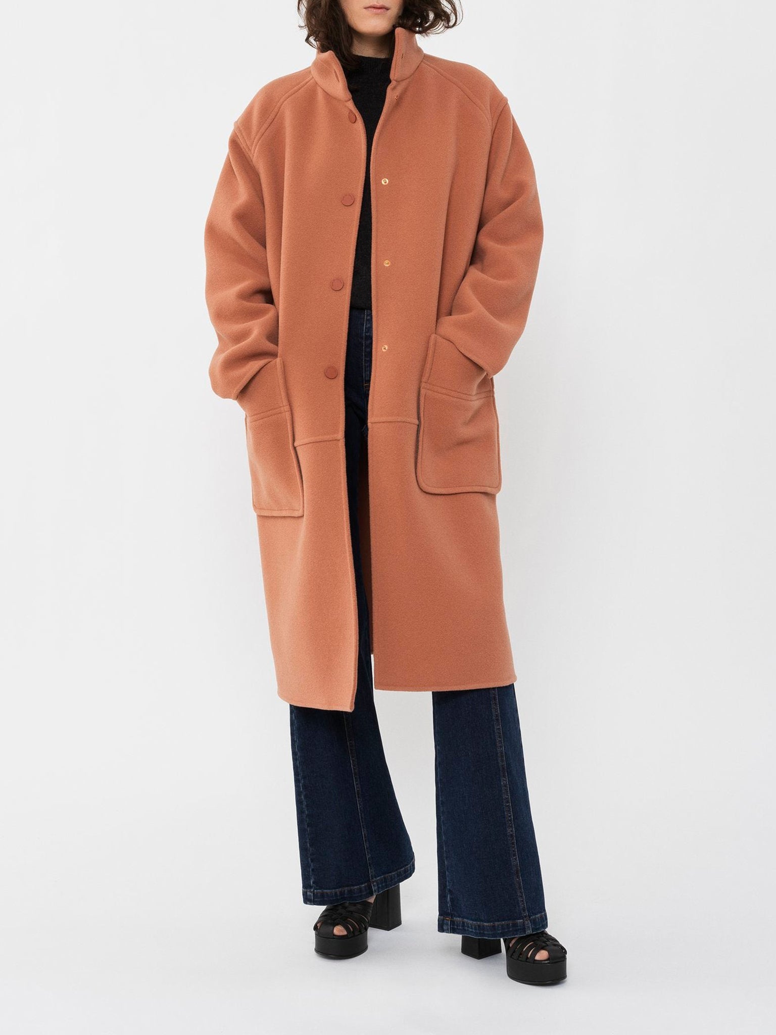 Manteau long à col montant en laine - Blushy Brown