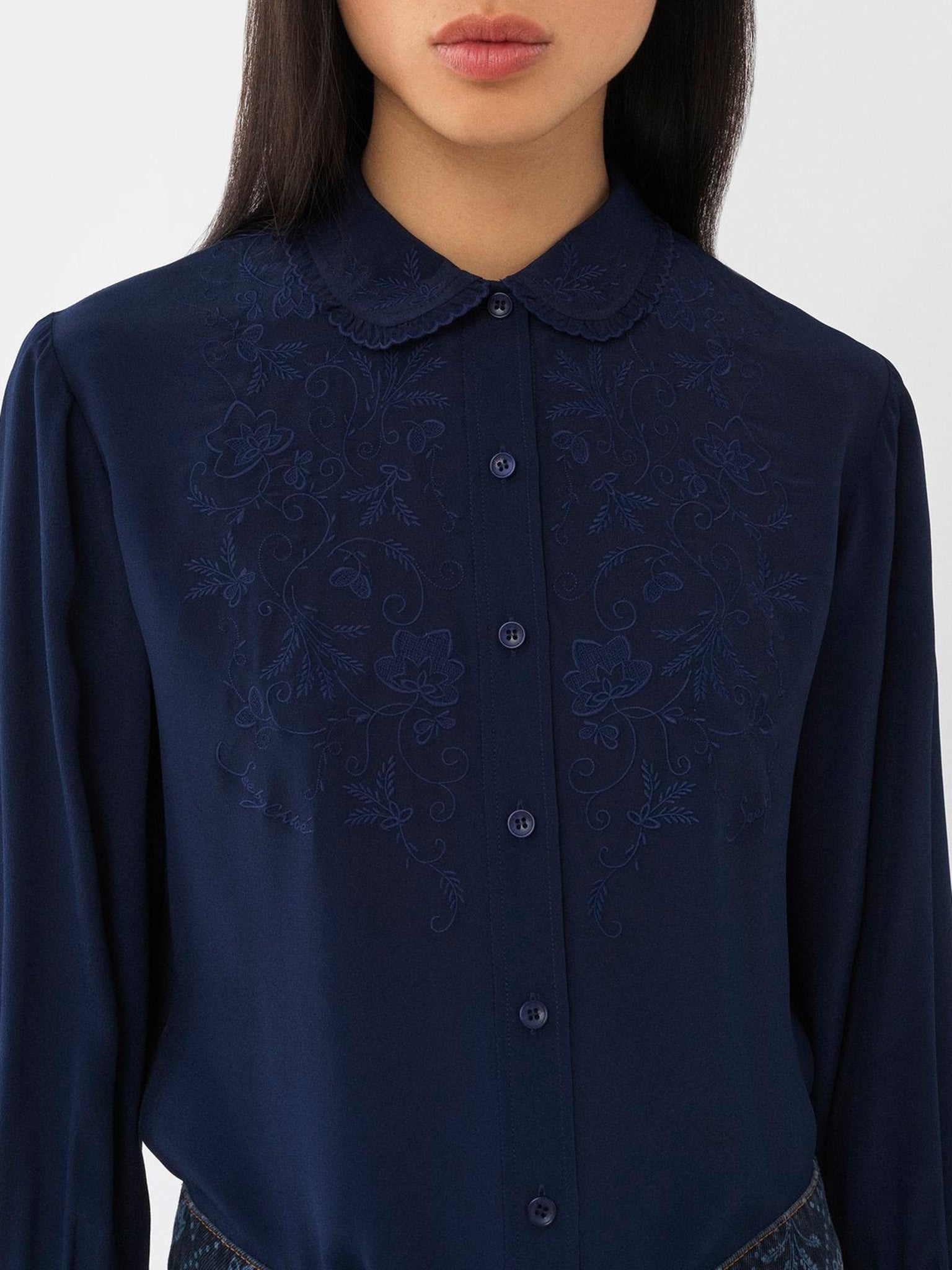 Blouse à col rond brodée en cuir - Midnight