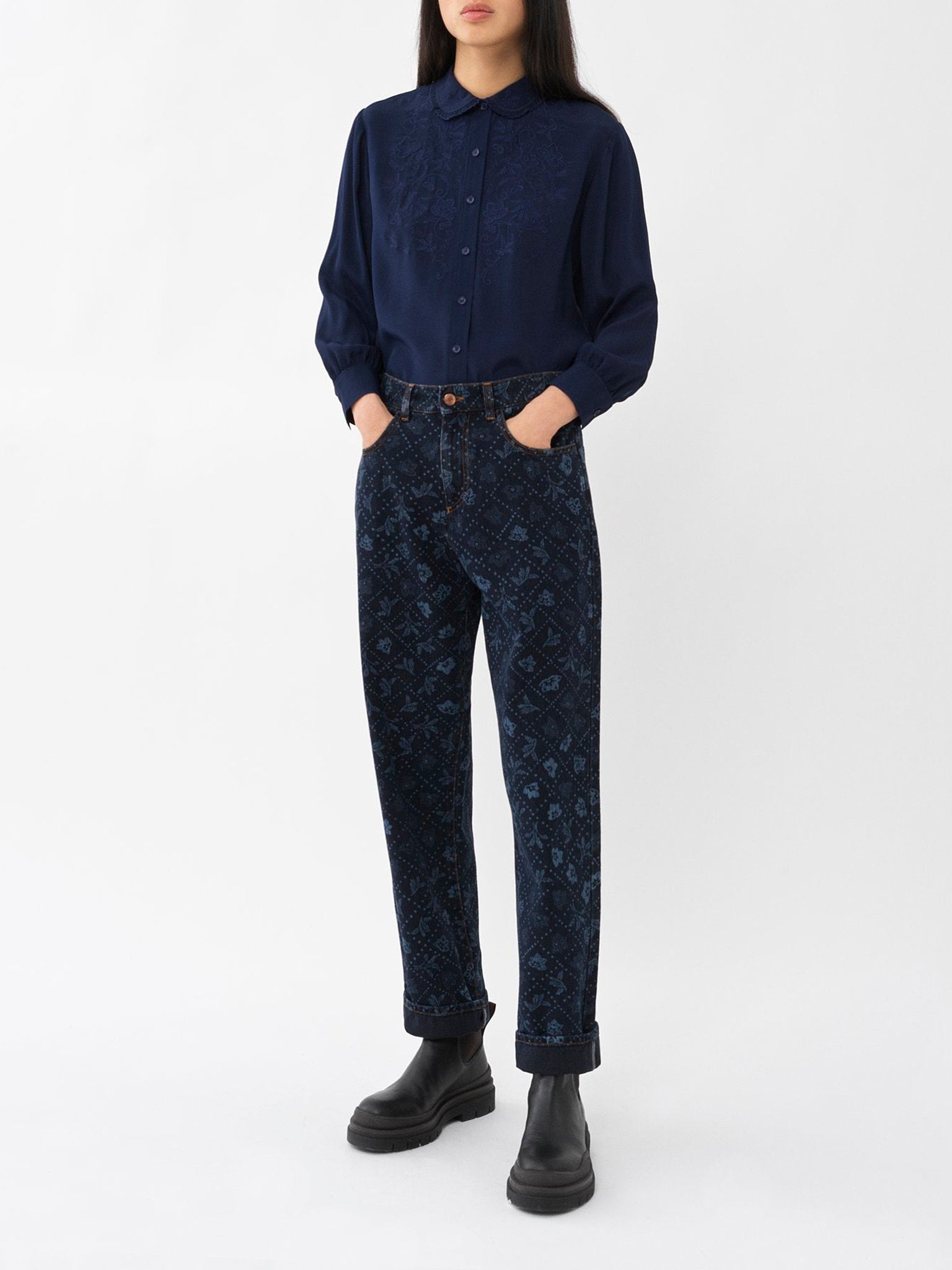 Blouse à col rond brodée en cuir - Midnight