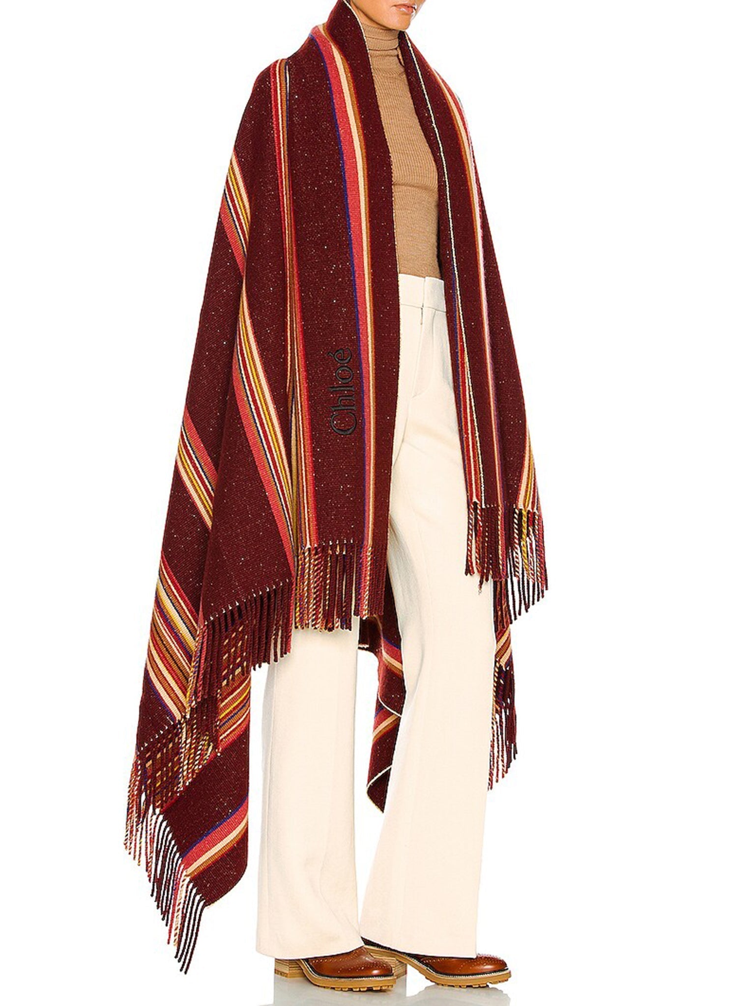 Poncho rayé à franges en cachemire - Multicolor Red