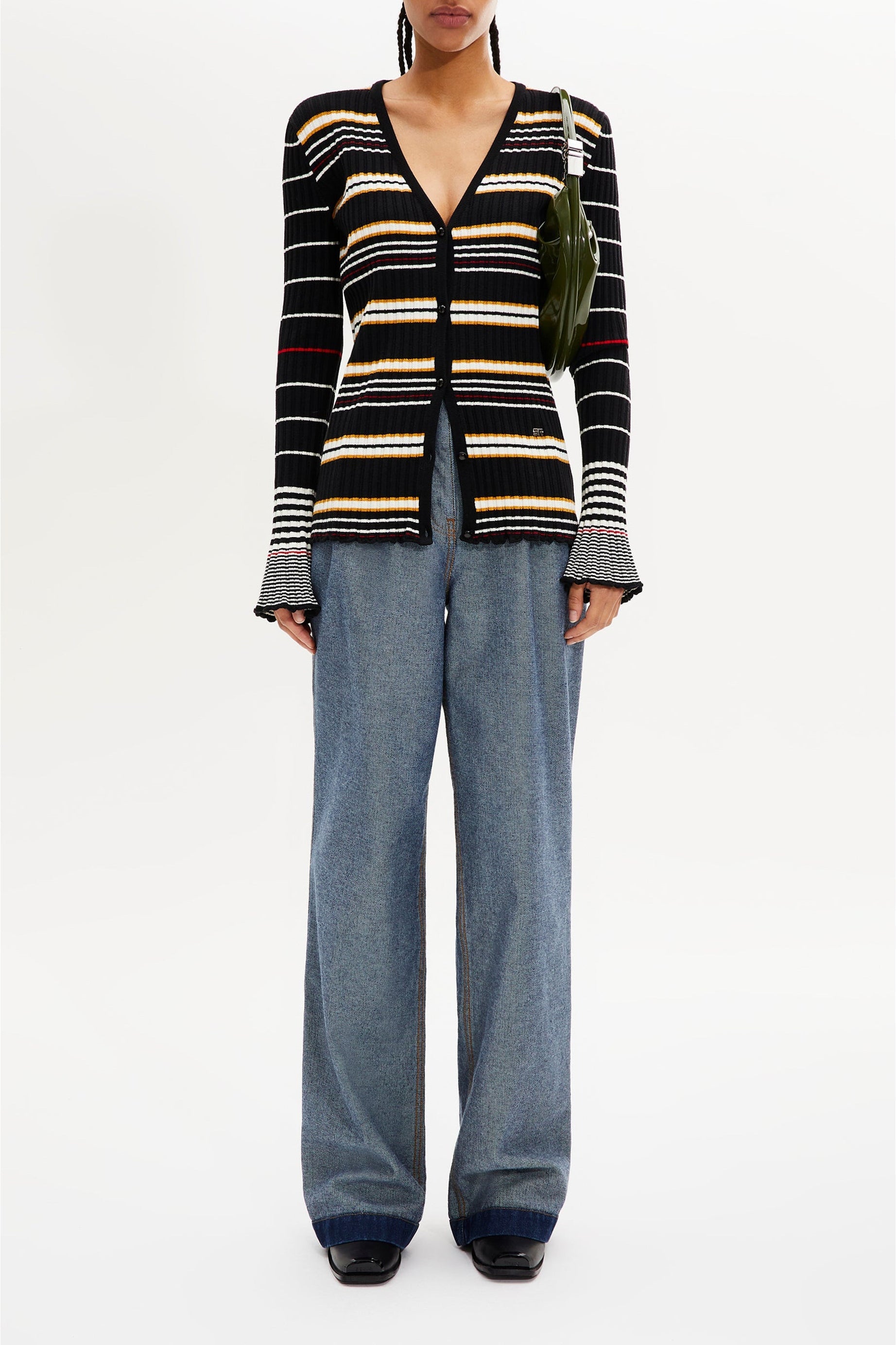 Cardigan à col v en laine - Noir & Écru