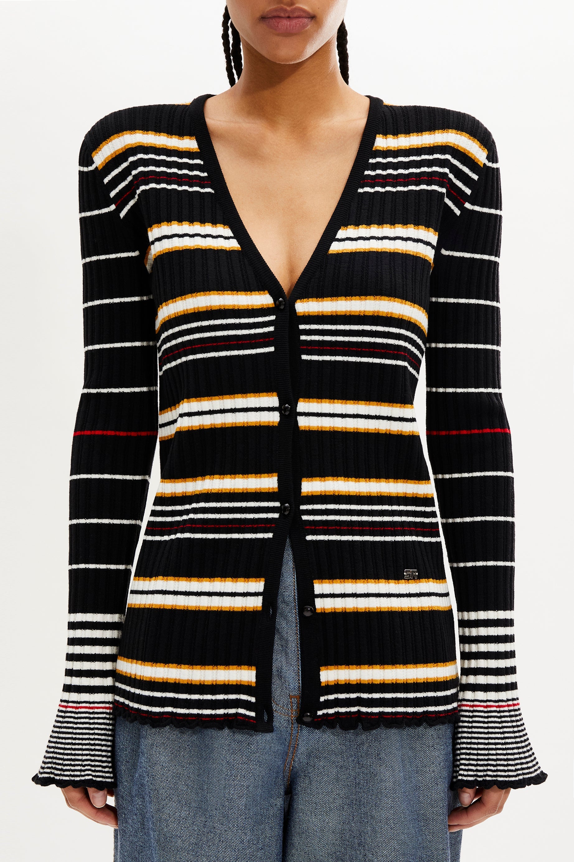 Cardigan à col v en laine - Noir & Écru