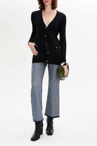 Cardigan long à boutons argentés siglés SR - Noir