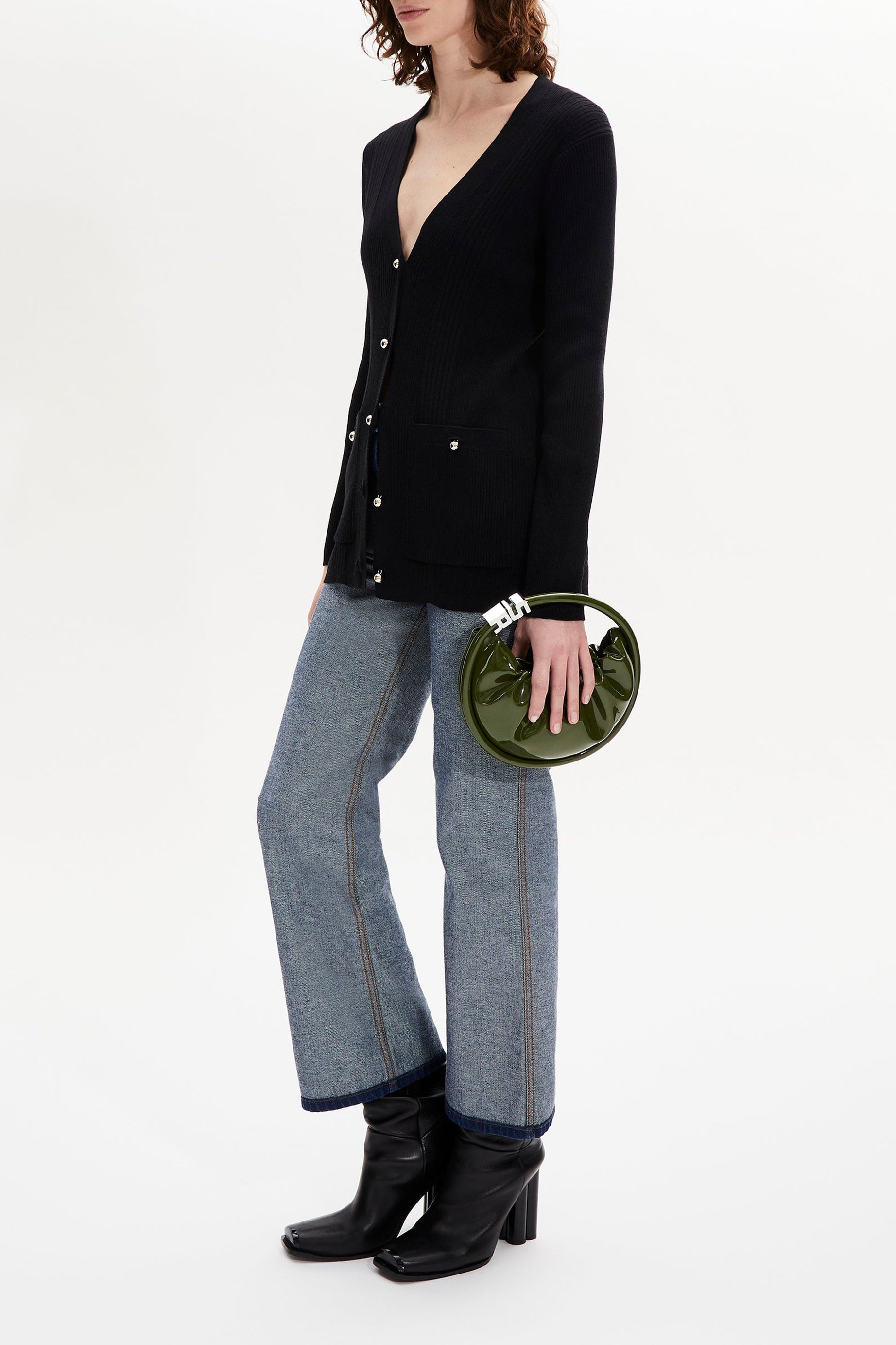 Cardigan long à boutons argentés siglés SR - Noir