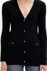 Cardigan long à boutons argentés siglés SR - Noir