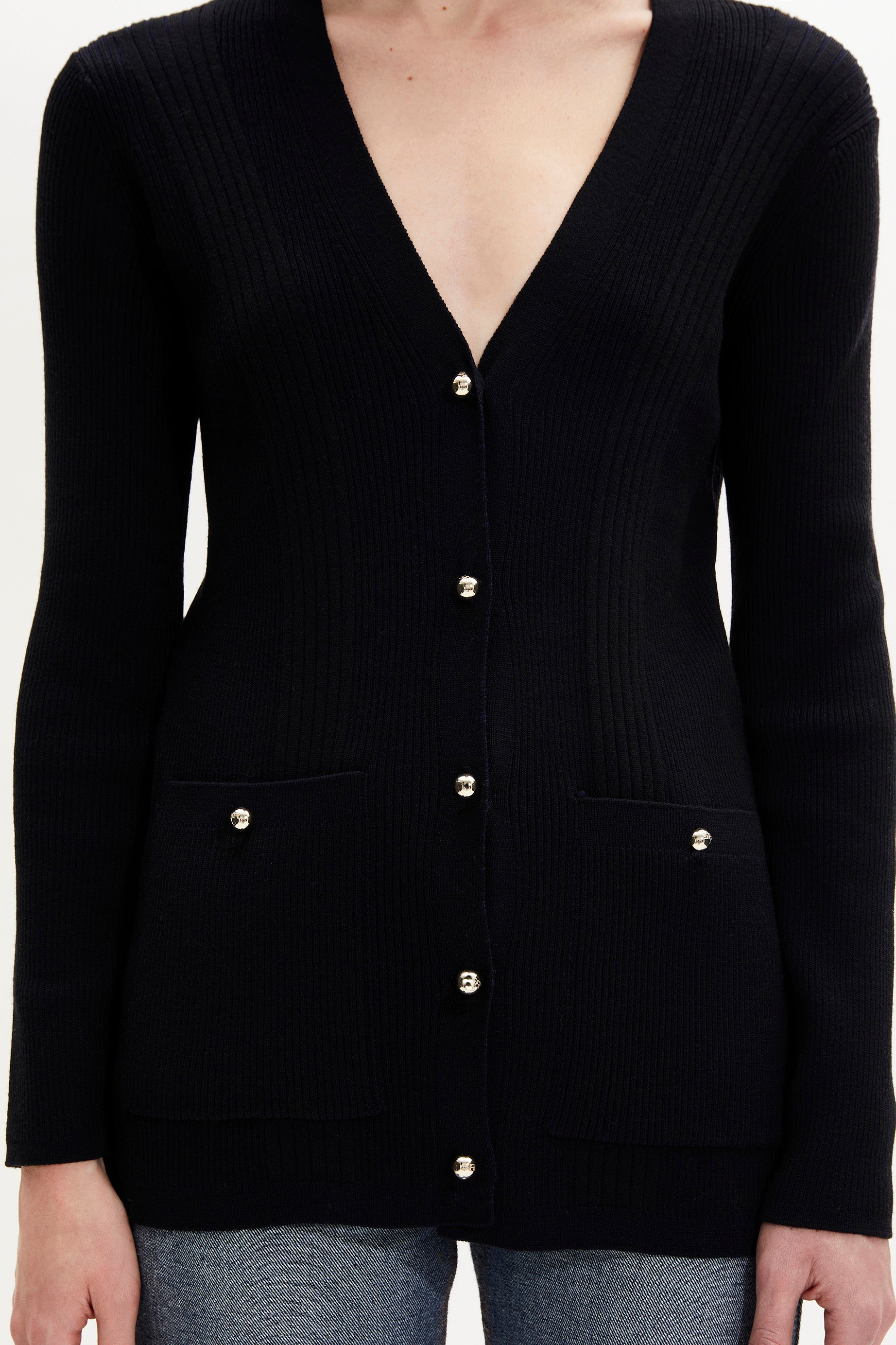 Cardigan long à boutons argentés siglés SR - Noir