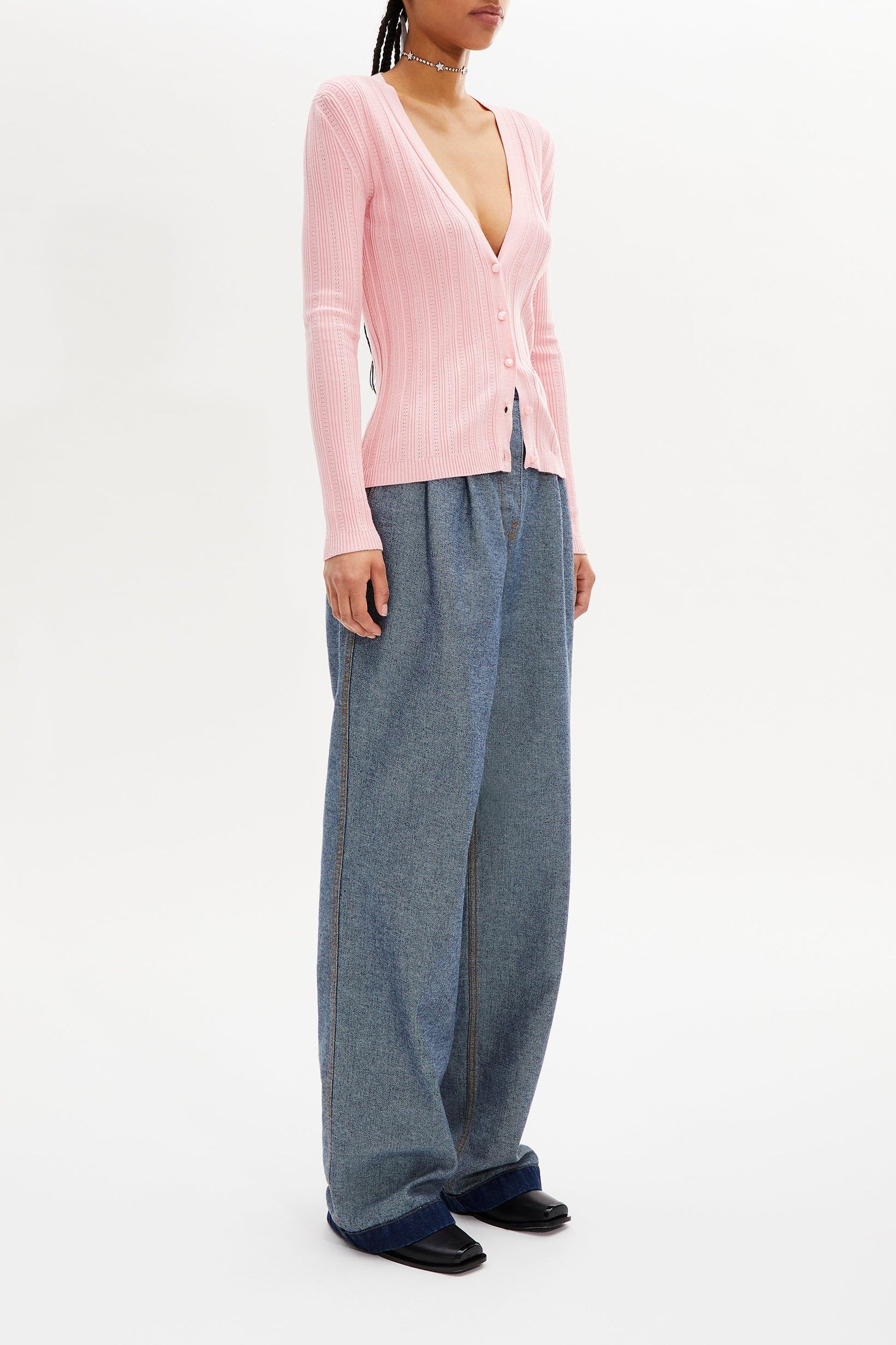 Cardigan à boutons argentés siglés SR - Rose