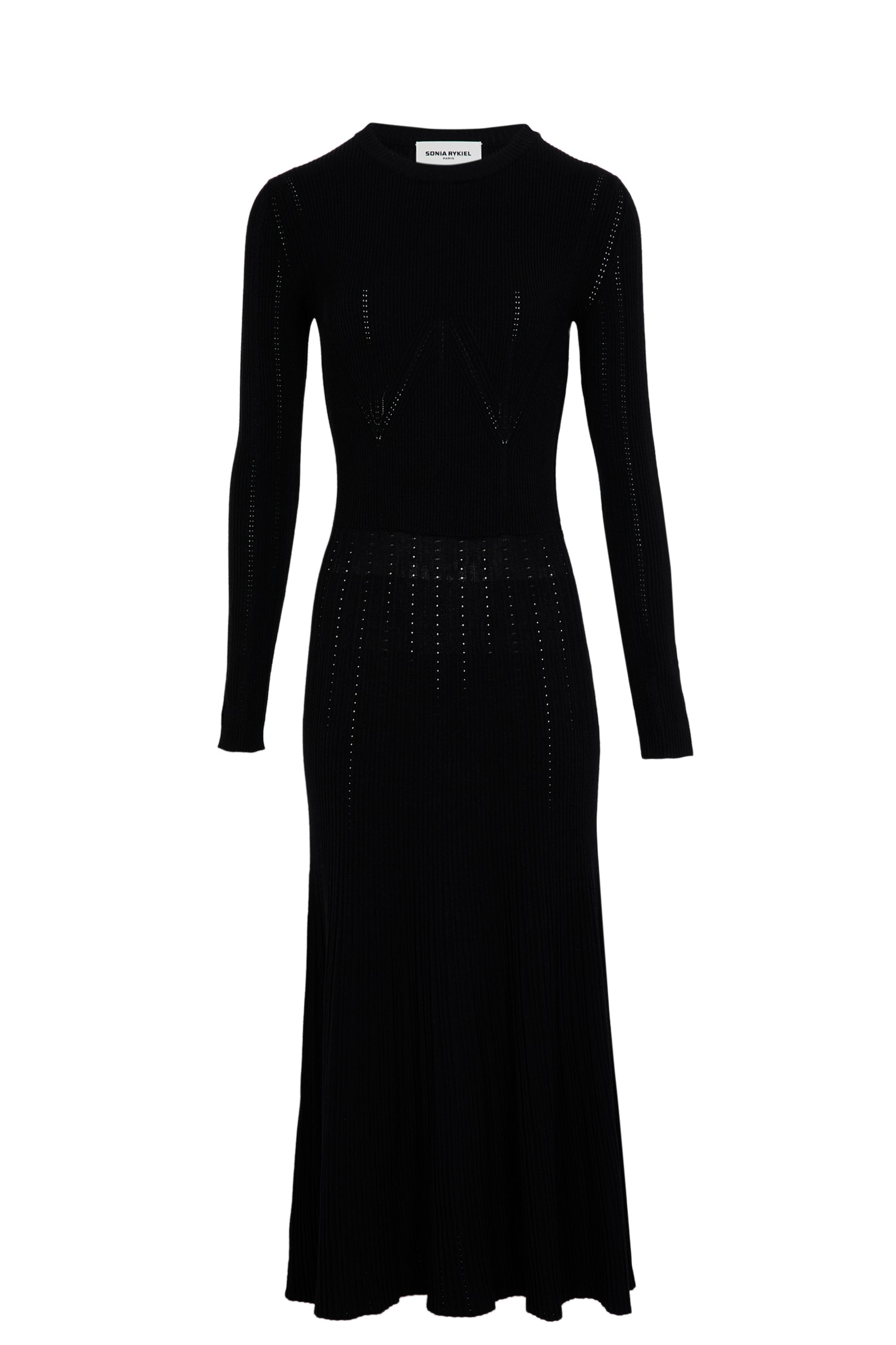 Robe midi col rond à godets ajourée - Noir