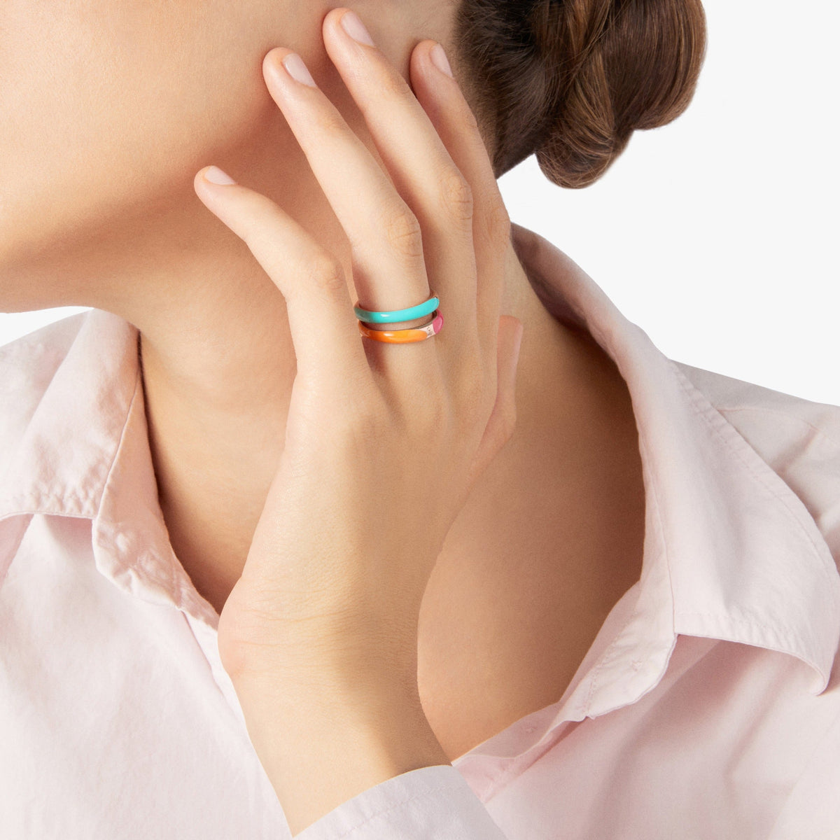 Rondelle rose gold plated silver & orange & pink enamel Ring - Silver & Orange