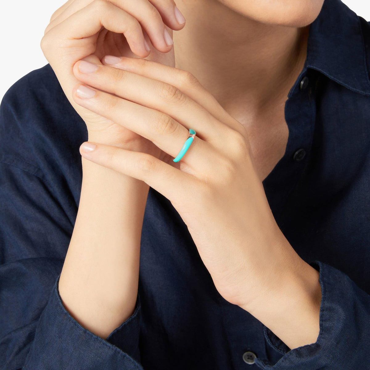 Rondelle rose gold plated silver & bi-color turquoise enamel Ring - Silver & Blue