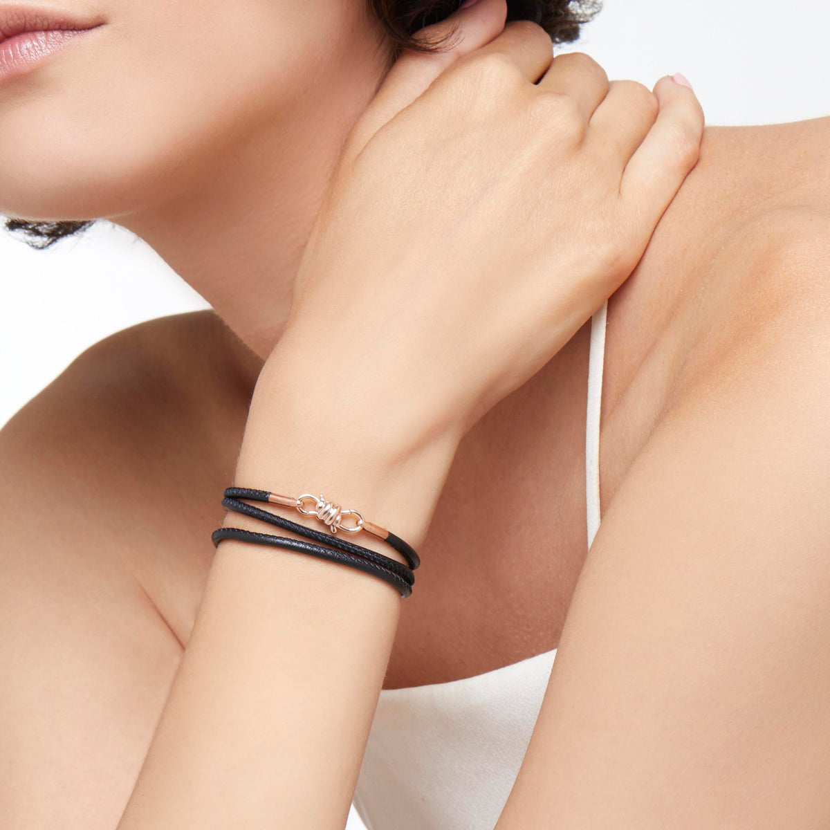 Nodo rose gold & black leather cord Bracelet - Rose Gold & Black