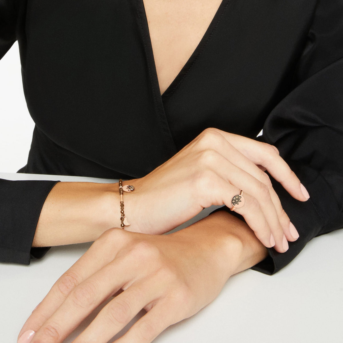 Moon & Sun rose gold smoky quartz & diamonds Bracelet - Rose Gold