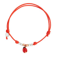 Enamel Ladybug charm & mini Granelli red cord Bracelet - Rose Gold & Silver