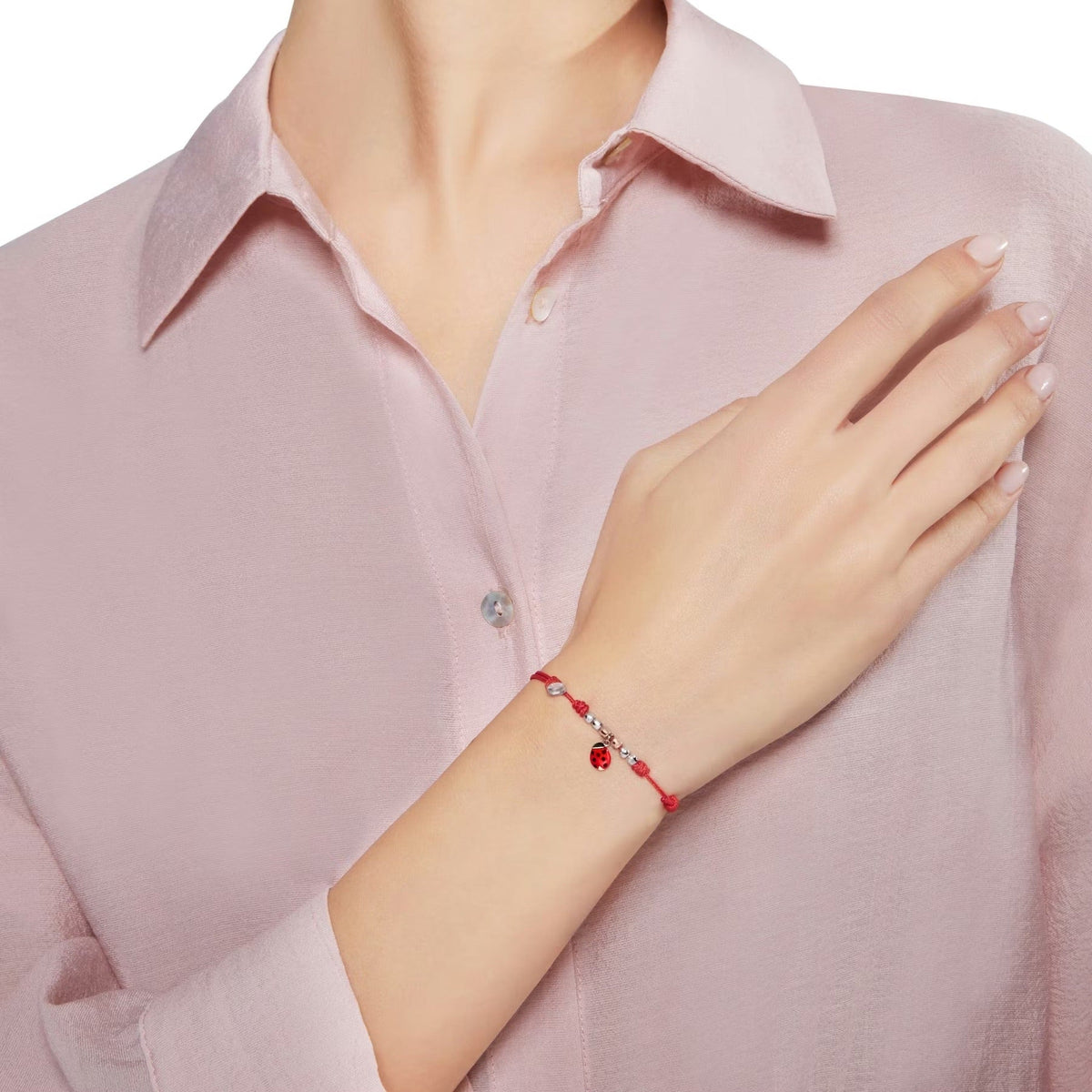 Enamel Ladybug charm & mini Granelli red cord Bracelet - Rose Gold & Silver