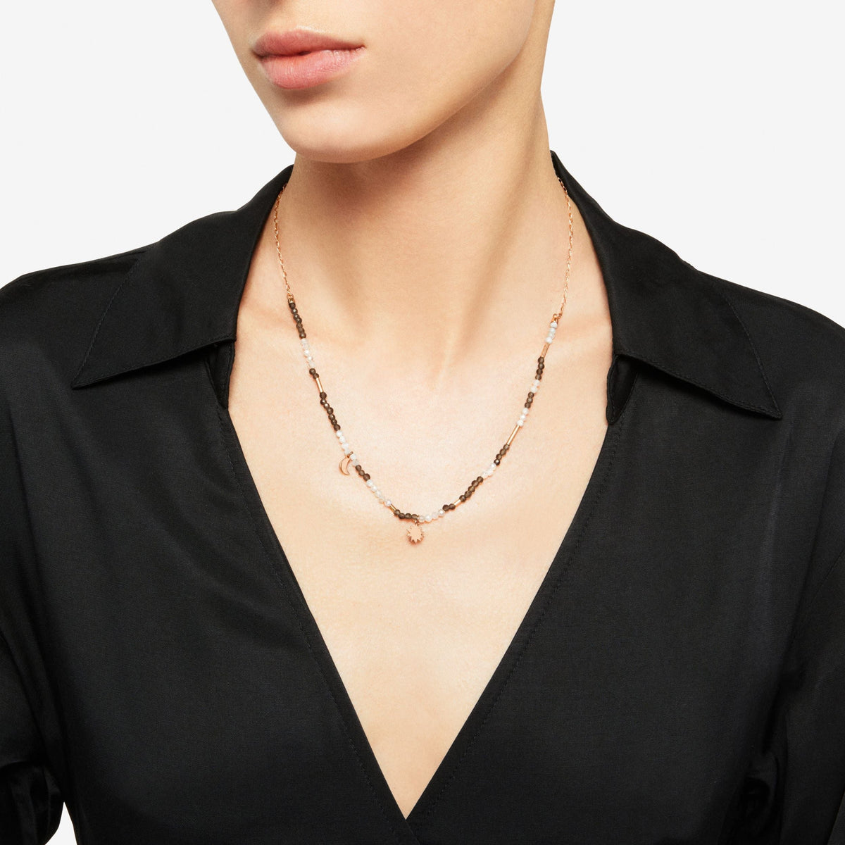 Moon and sun rose gold quartz & adularia Necklace - Rose Gold