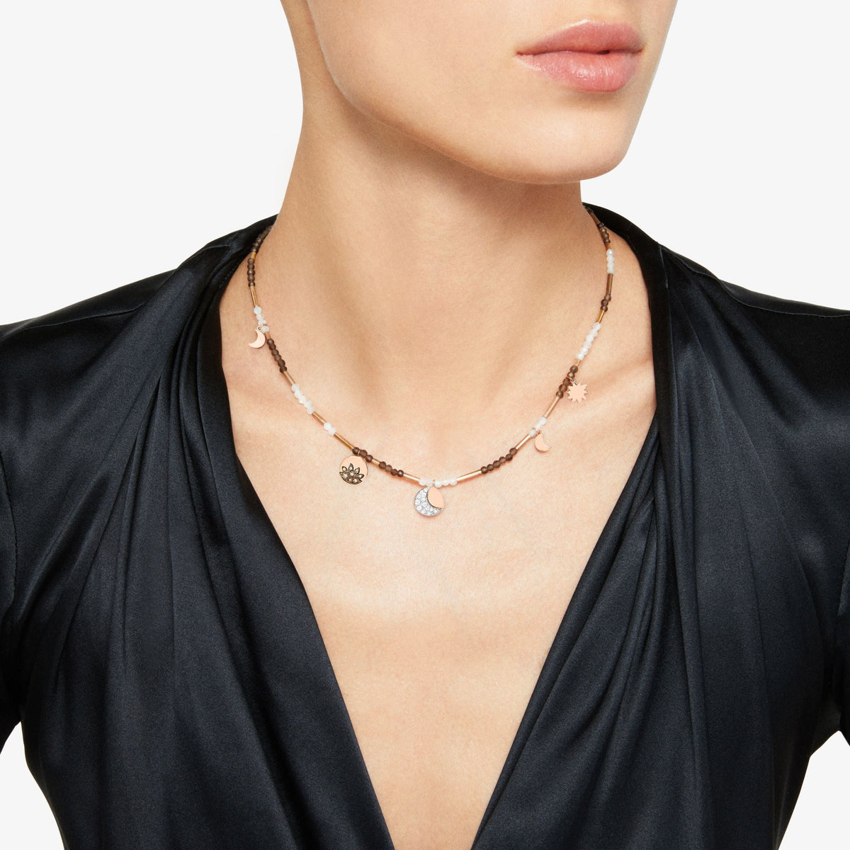 Moon and sun rose gold quartz & diamonds Necklace - Rose Gold