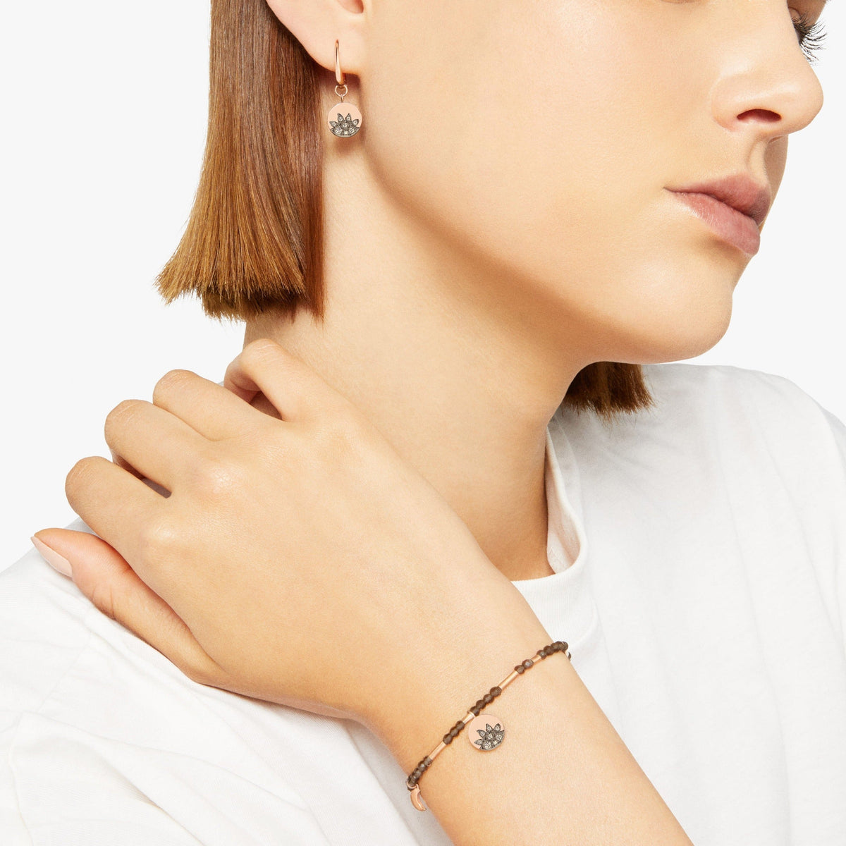 Moon & sun rose gold & diamonds Half-pair Earring - Rose Gold & Brown