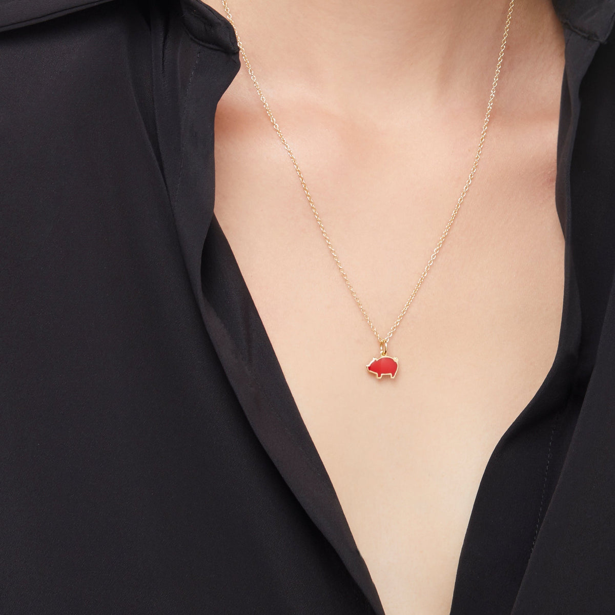 Pig yellow gold & red enamel Charm - Yellow Gold & Red