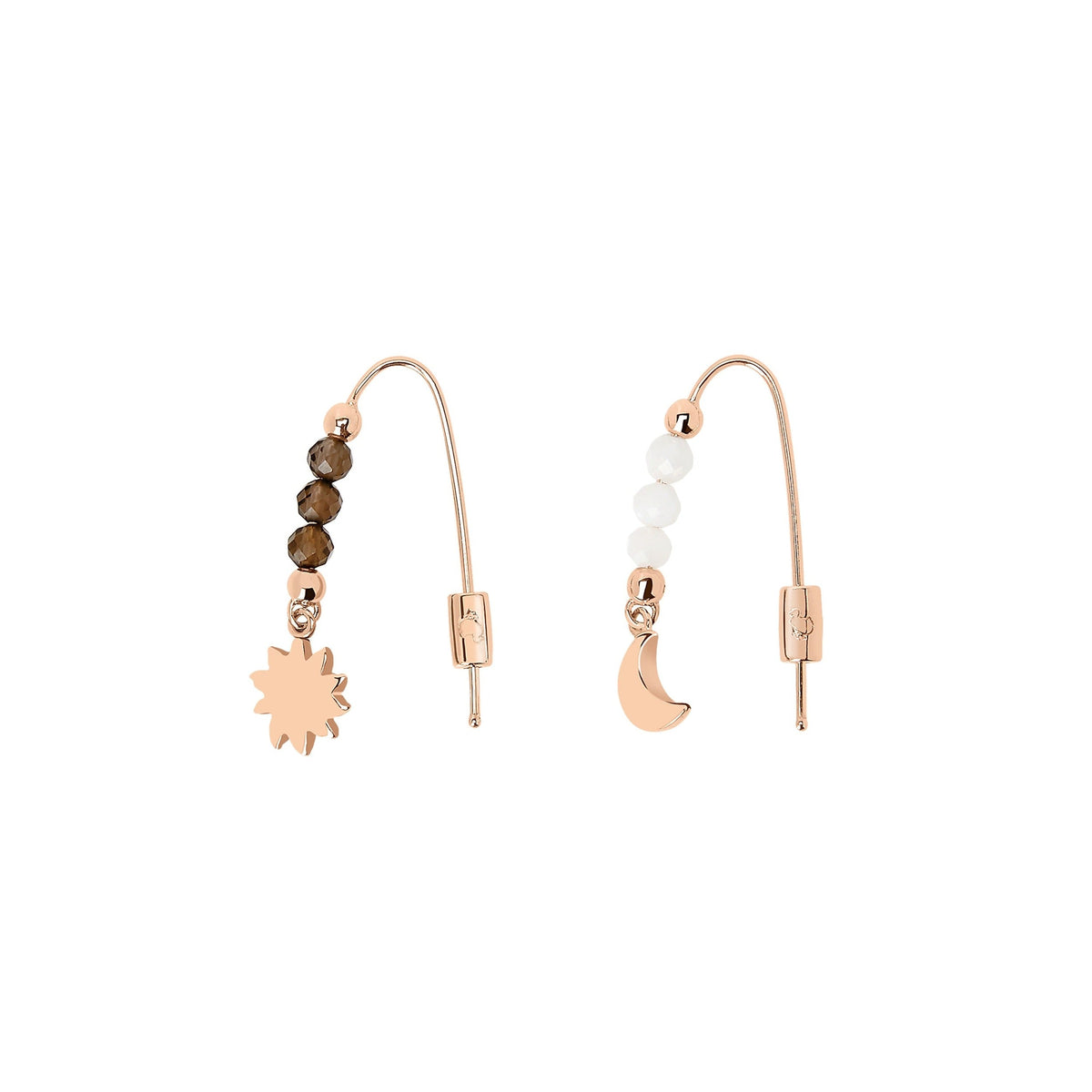 Hanging Moon & Sun rose gold & smoky quartz moonstone Earrings - Rose Gold