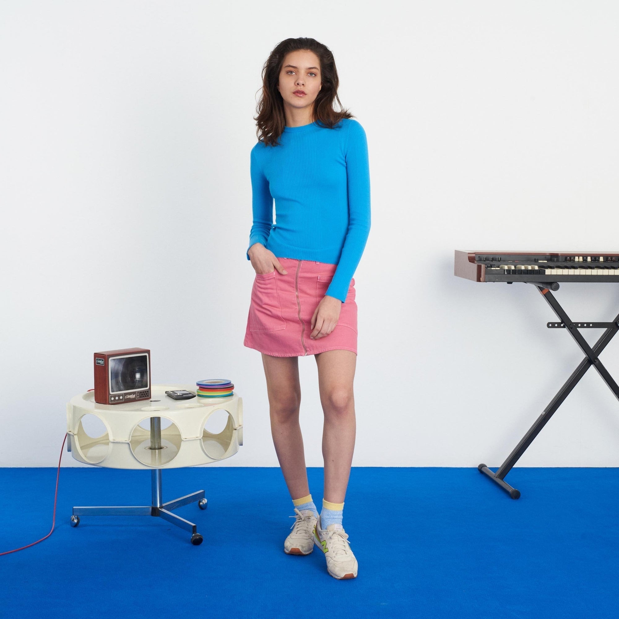 Pull à col rond à côtes en laine superfine - Beach Blue