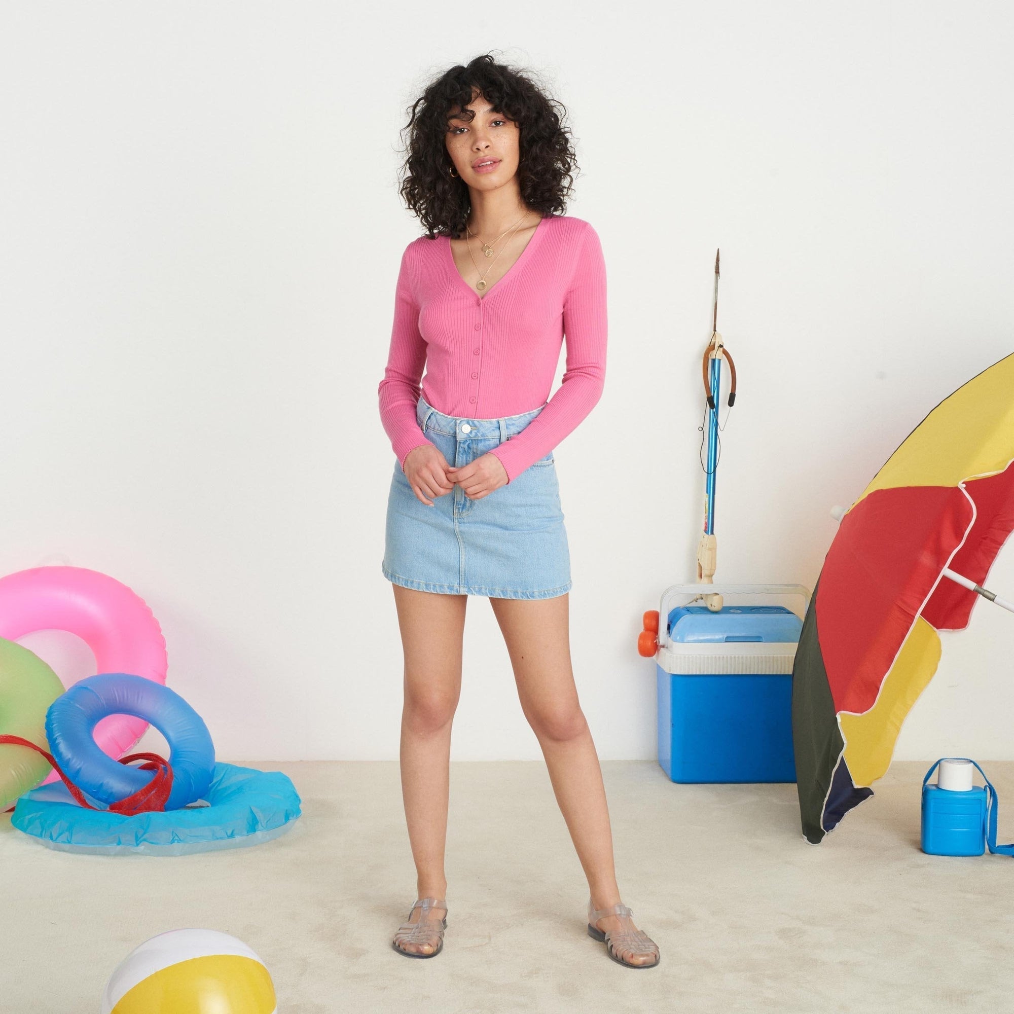 Cardigan à côtes en laine superfine - Bubble Gum