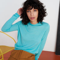 Pull court à col rond extra fin en cachemire - Light Turquoise