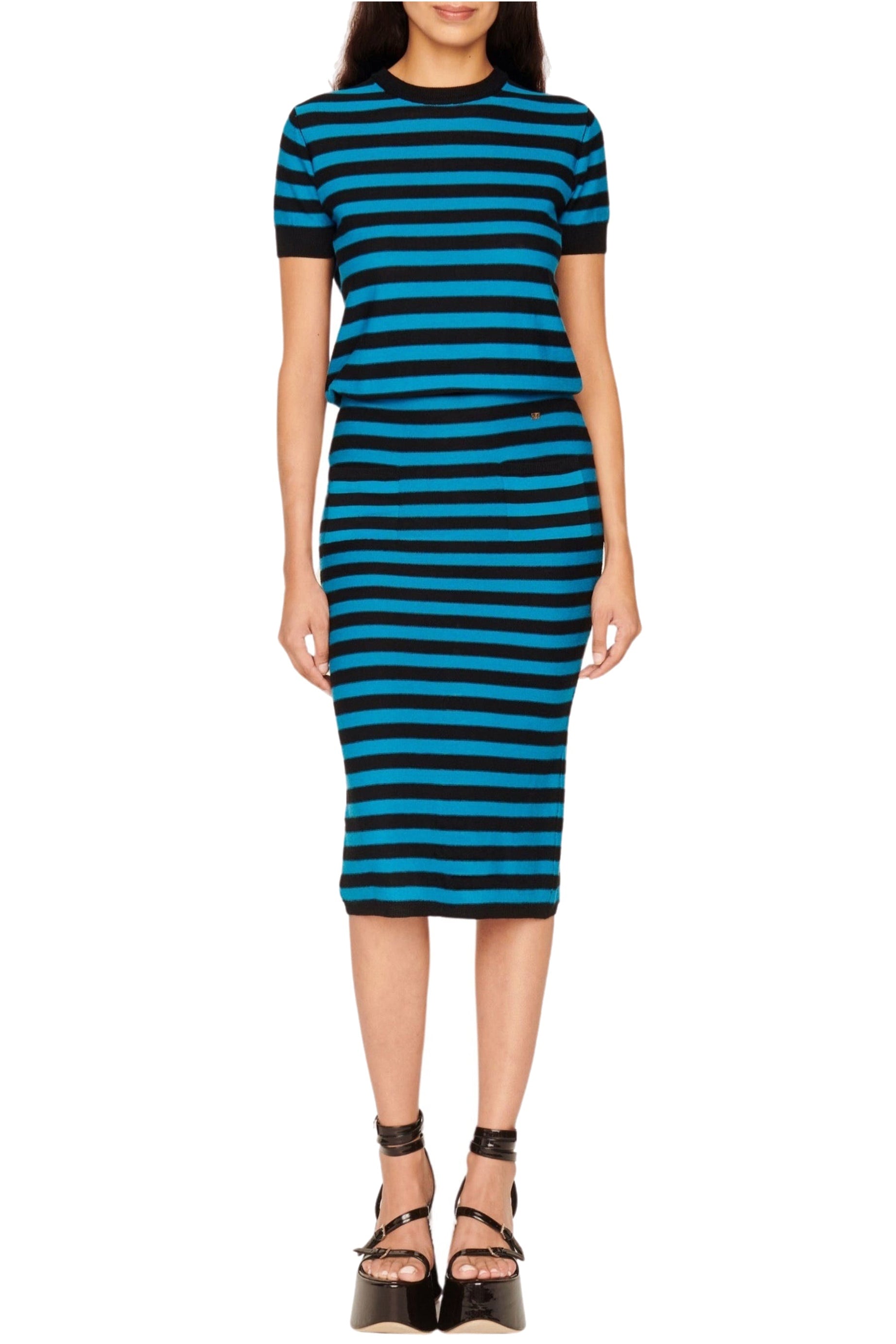 Jupe midi en laine - Noir & Bleu de Prusse