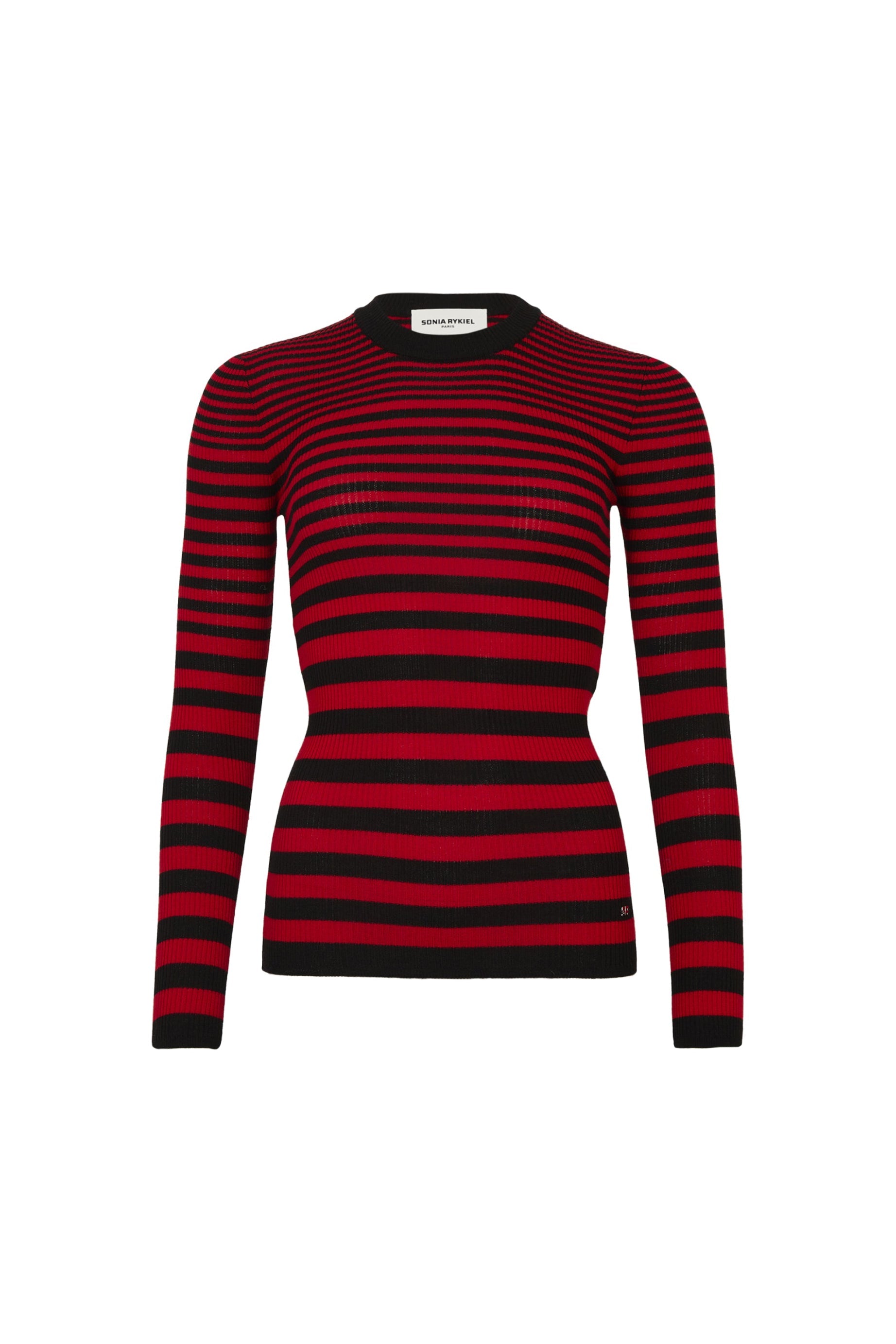 Pull col rond rayé à manches longues en laine - Noir & Rouge