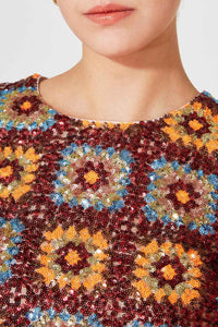Robe courte en crochet à paillettes - Marron