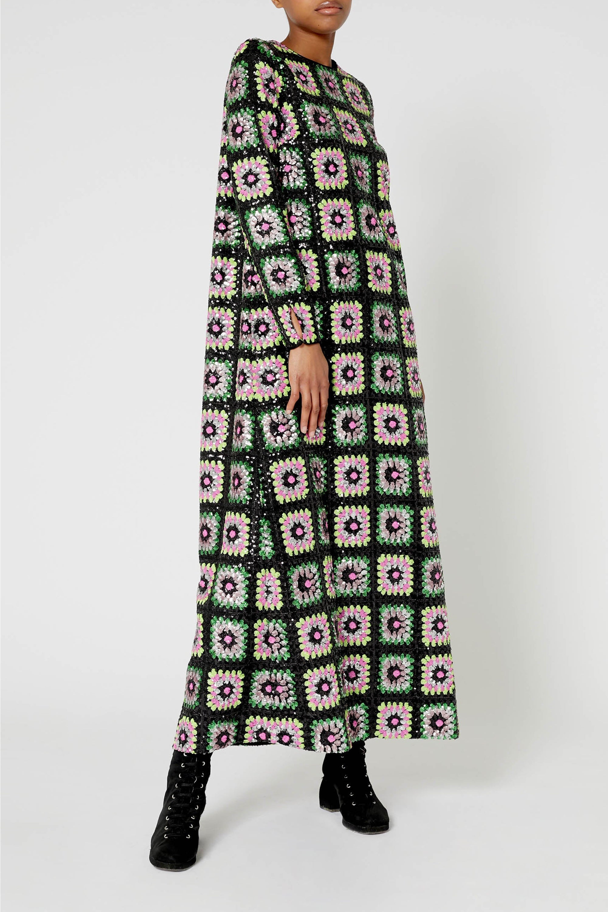 Robe longue en crochet à paillettes - Noir