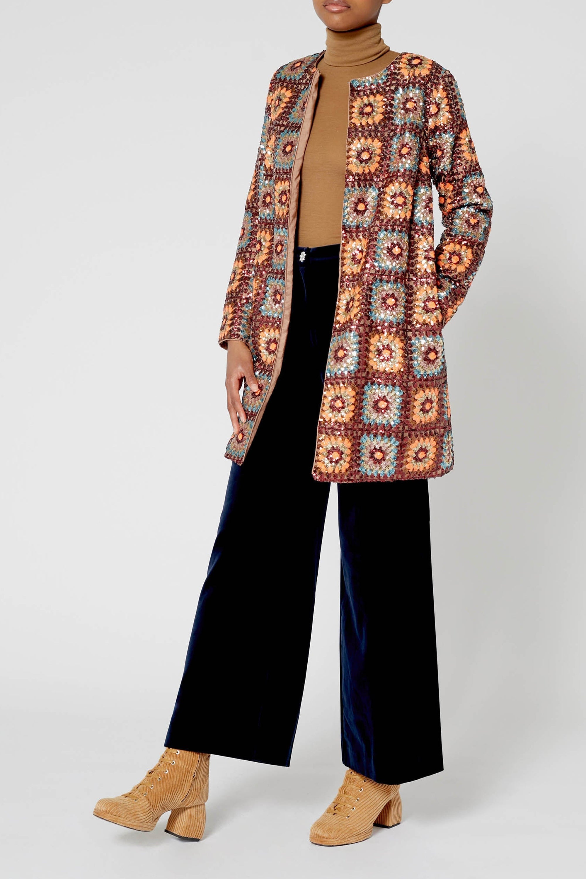 Manteau en crochet à paillettes - Marron