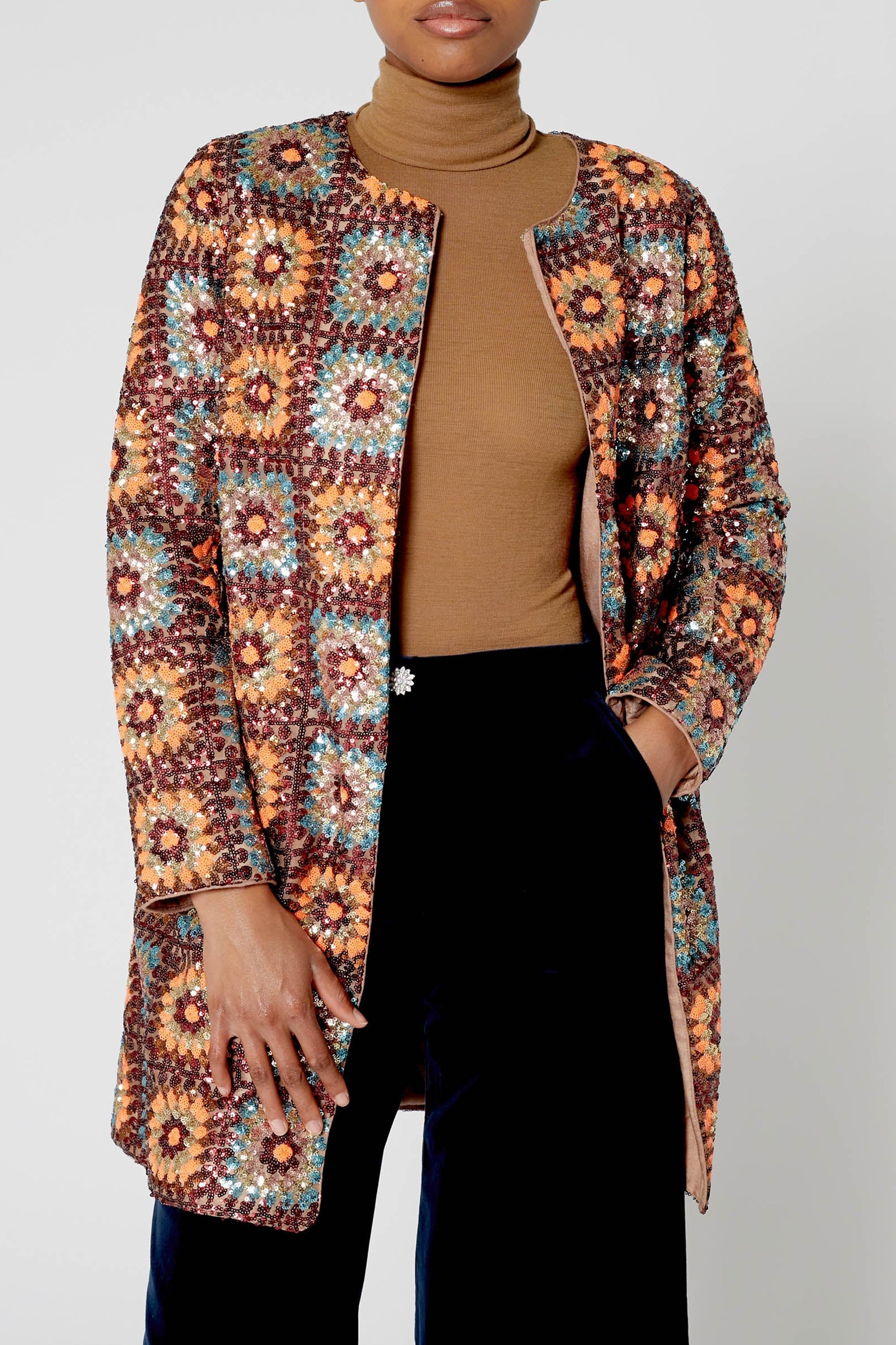 Manteau en crochet à paillettes - Marron