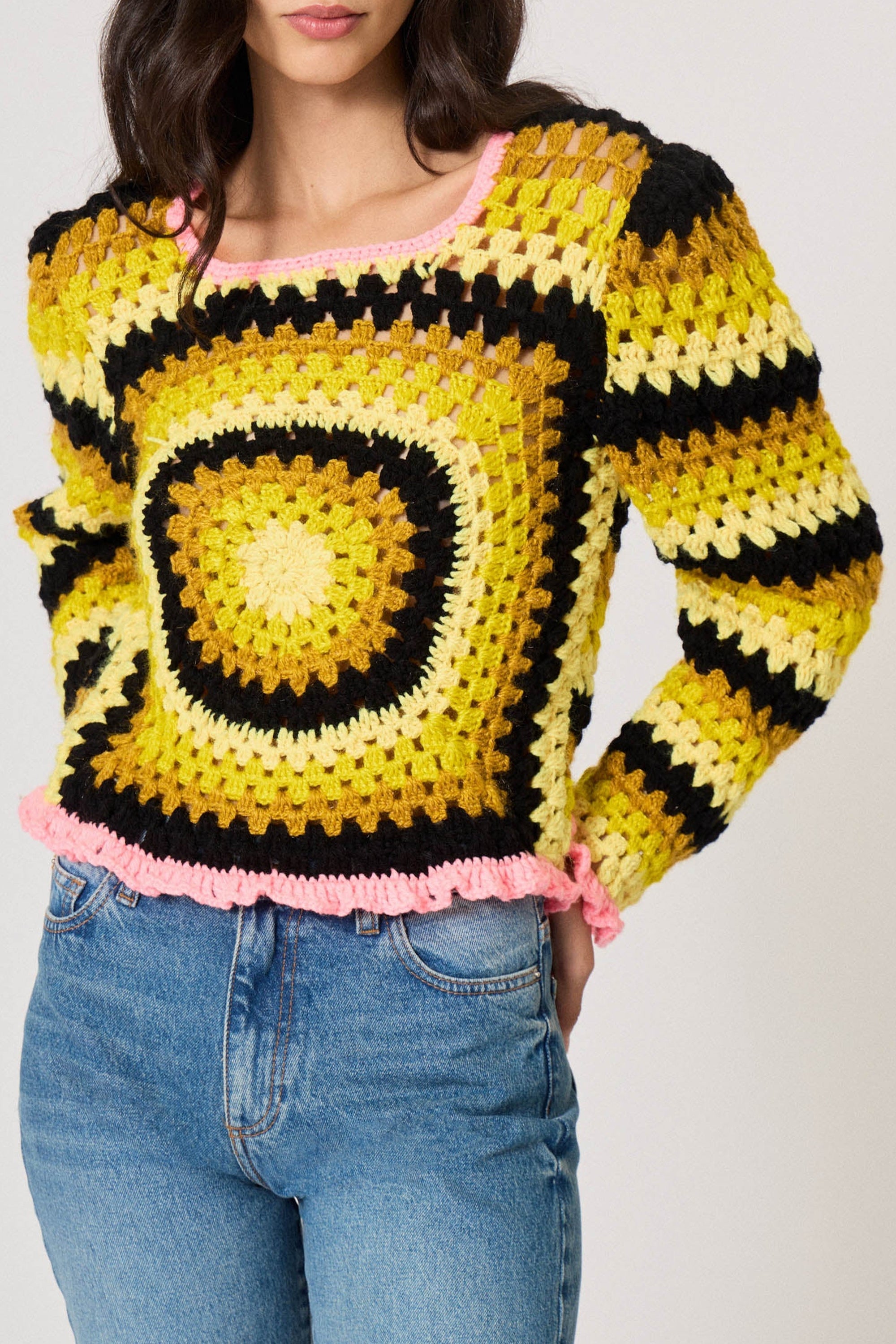 Pull en crochet à manches longues - Multicolore