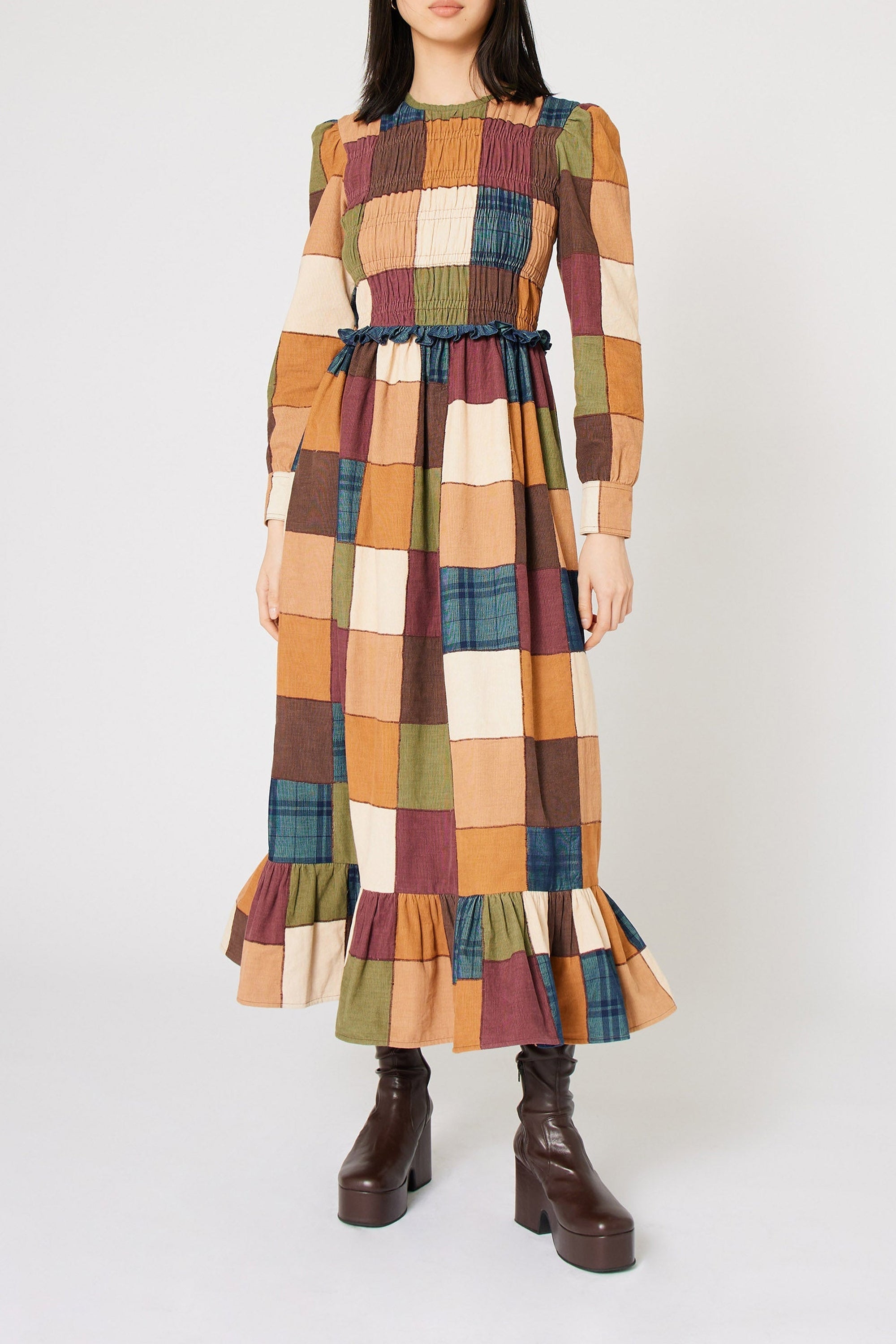 Robe à Smocks Damier en velours - Marron