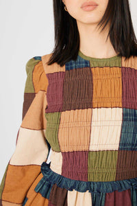 Robe à Smocks Damier en velours - Marron