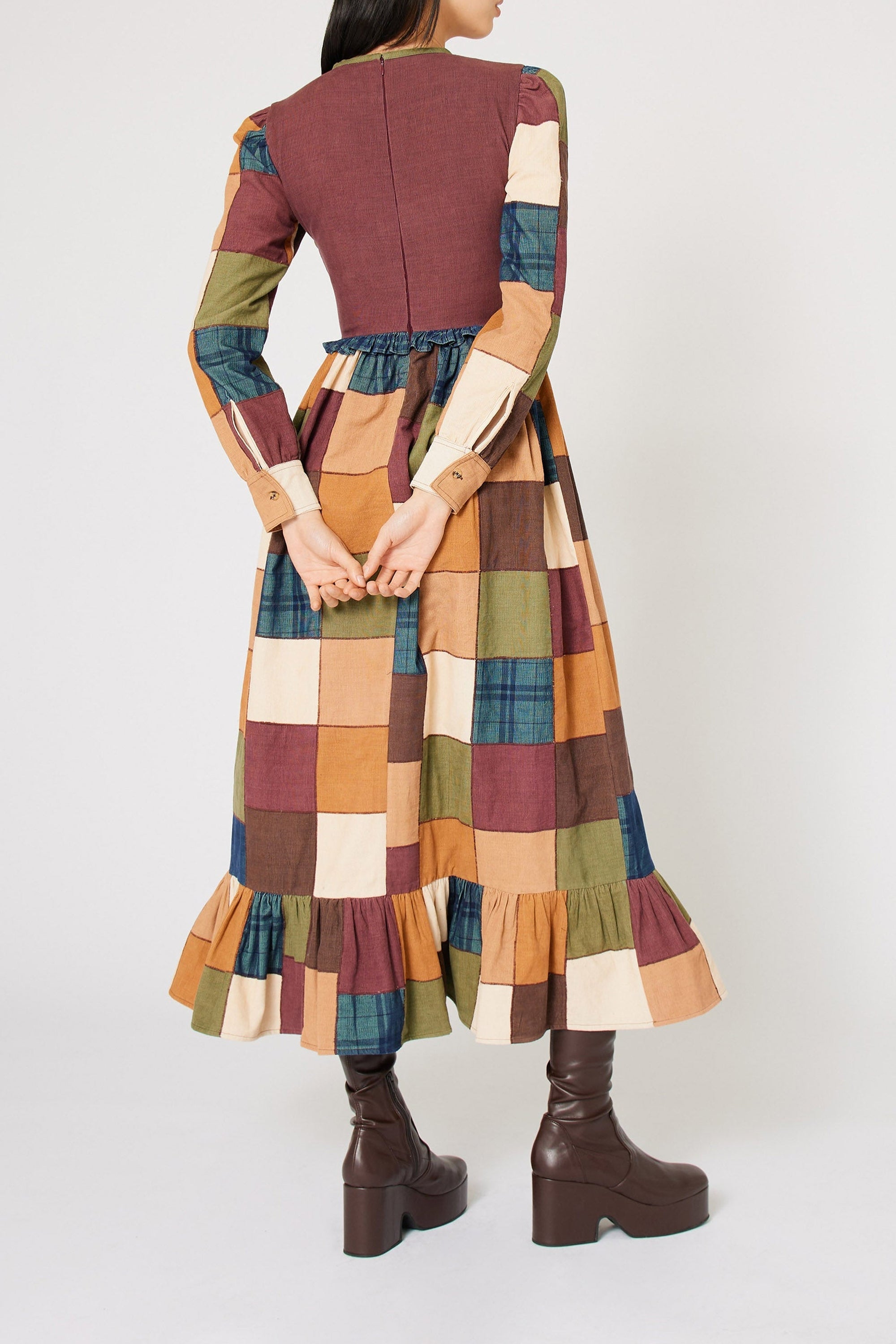 Robe à Smocks Damier en velours - Marron